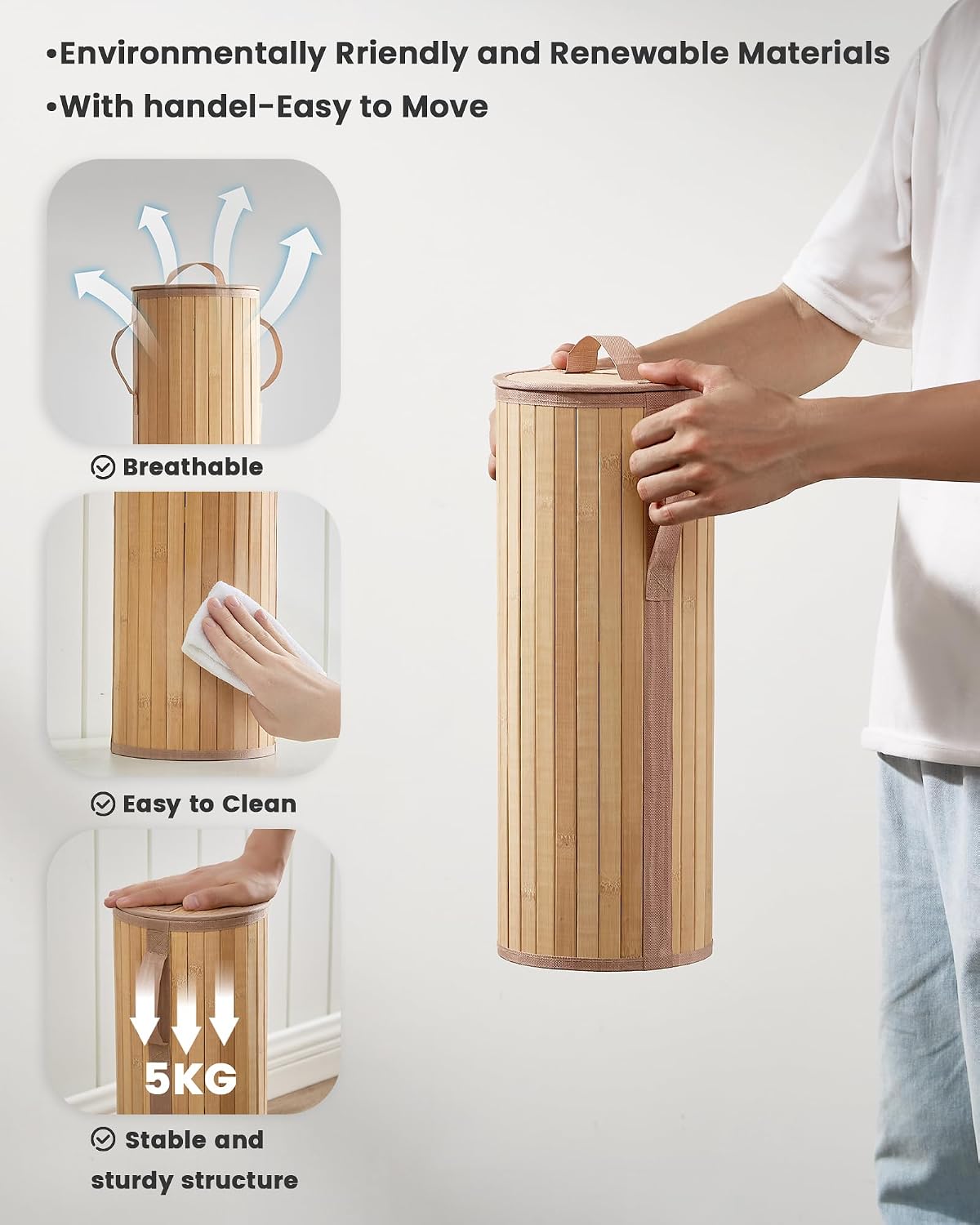 Bamboo Toilet Paper Storage Basket with Lid & Handle - 10L Handwoven Bathroom Organizer for 4 Rolls - Sturdy Stand