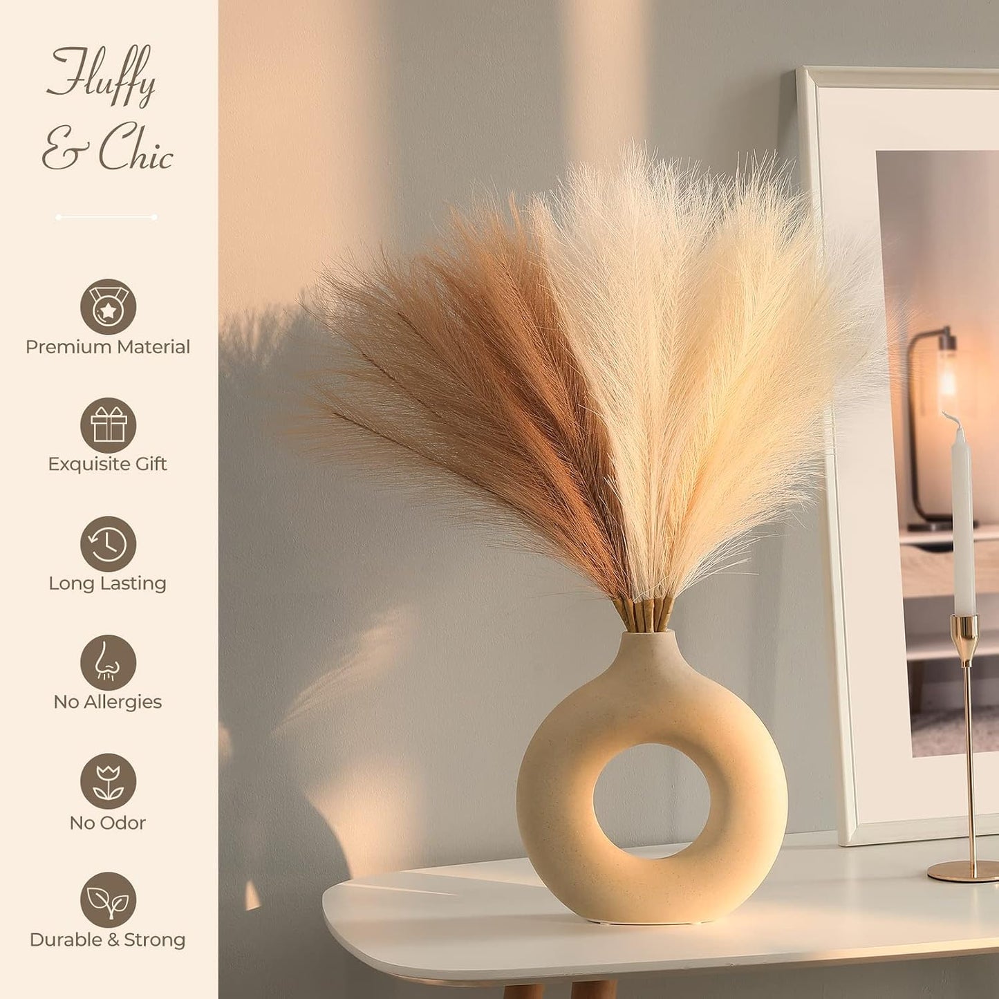 Artificial Pampas Grass Decor Boho Decor / Ivory & Beige & Sand / 17 Inch / 17.7 Inch / Set of 6