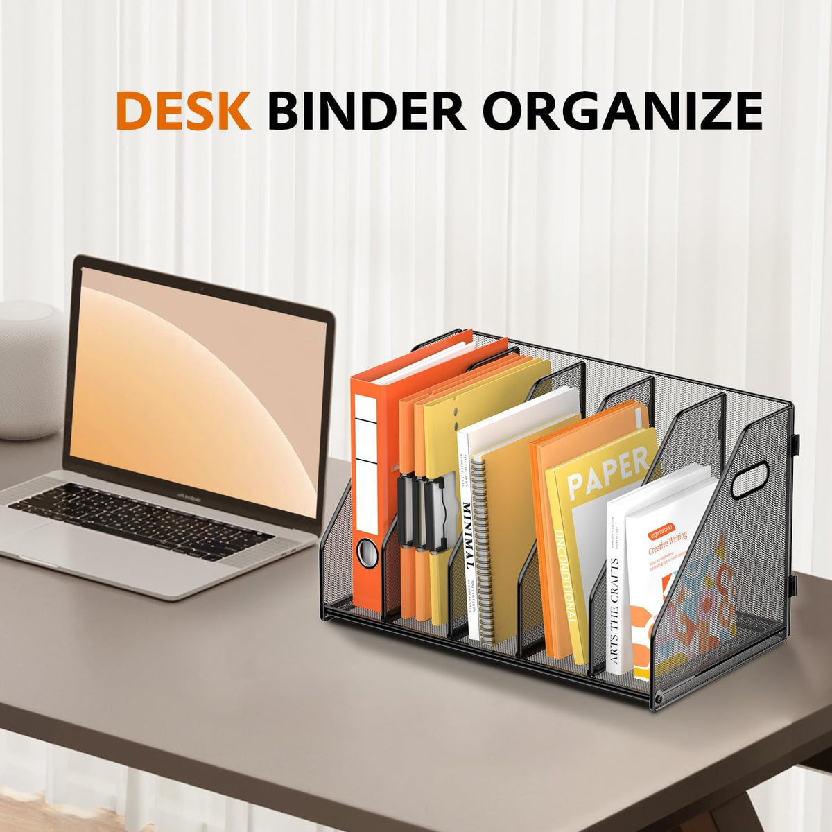 Binder Organizer, Magazine File Holder with 5 Vertical Rack, Black | Metal Desk File Organizer & Binder Holders