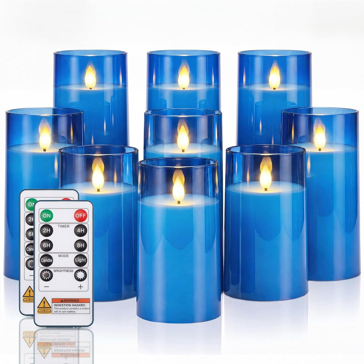Homemory Blue Flameless LED Pillar Candles with Remote Timer, Set of 9