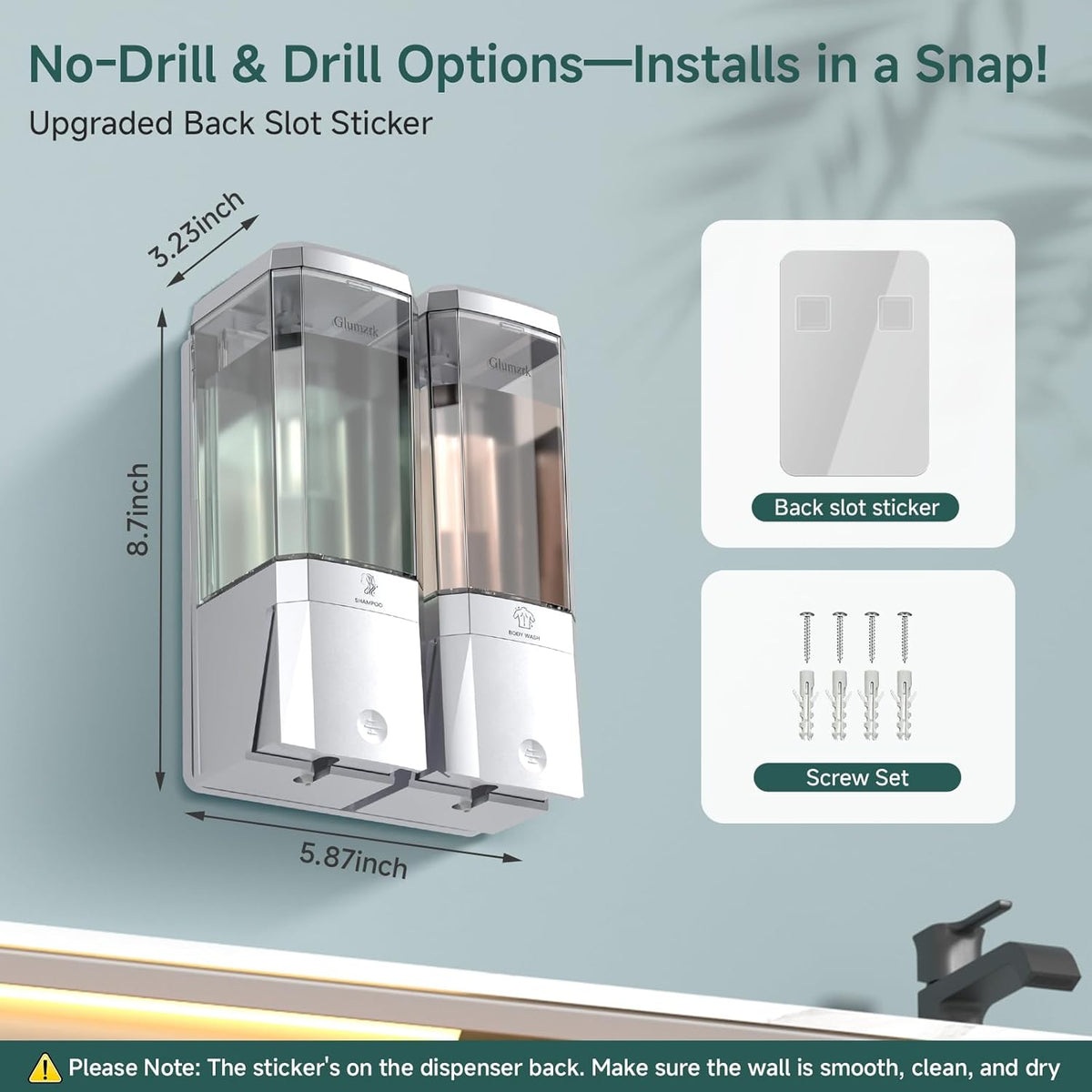 Shampoo and Conditioner Dispenser 2 Chamber No Drill Shower Soap Dispenser Wall Mounted Shampoo Conditioner Body Wash