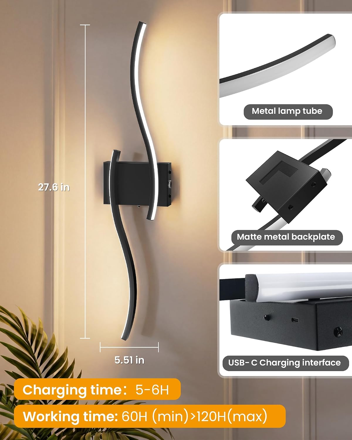 27.6 Inch Battery Operated Wall Sconce Set of 2, Black Modern Rechargeable Wall Lights with Remote, 3CCT Dimmable