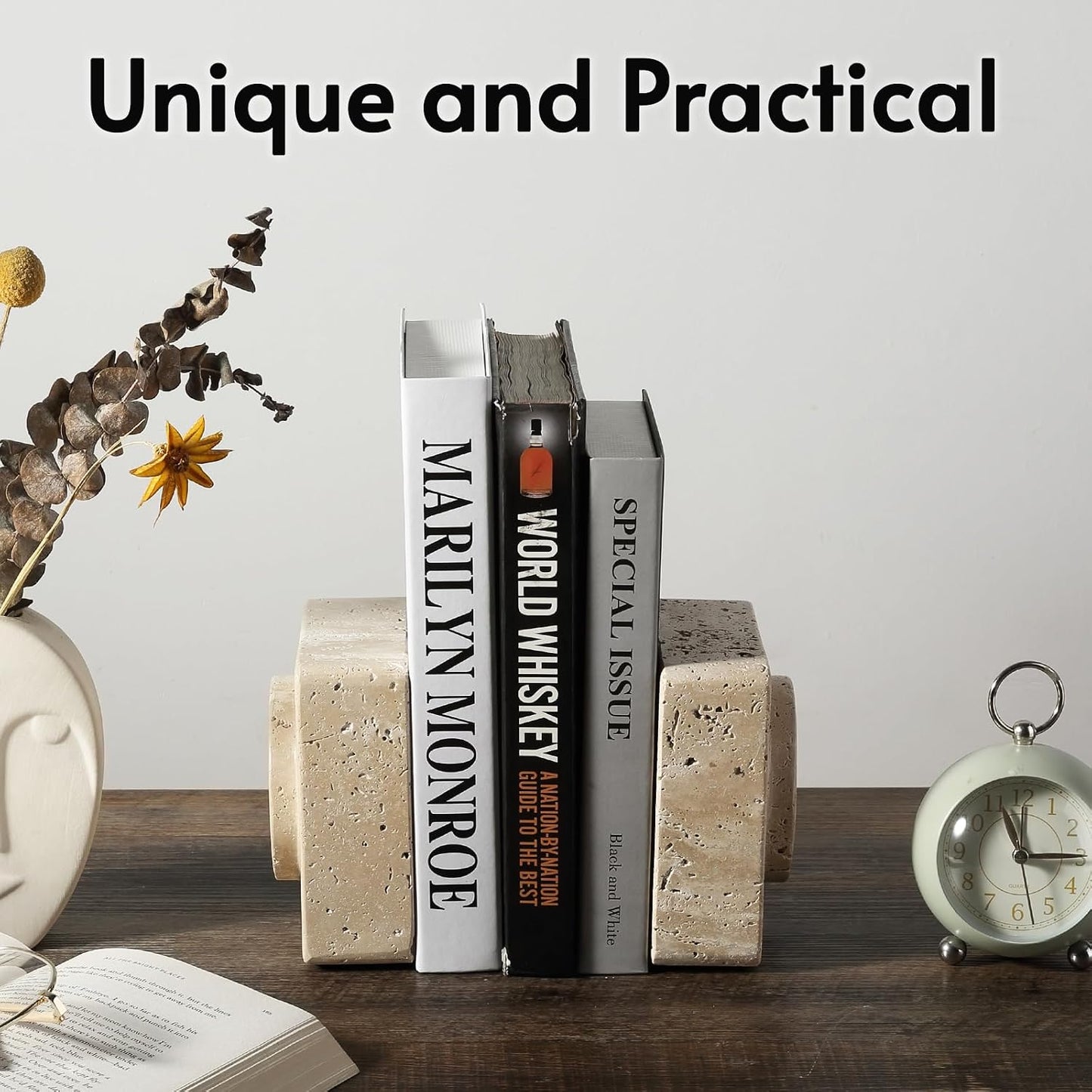 Bookends / Marble Square Book Ends / Square Beige Travertine