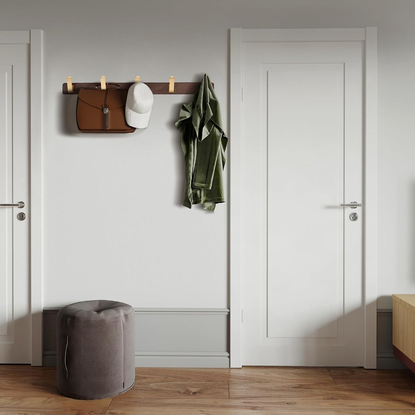 Wall Mounted Coat Rack, Metal Wood with 5 Hooks | Entryway Hanging, For Coat, Scarf, Bag, Towel, Key, Cap, Hat, Walnut