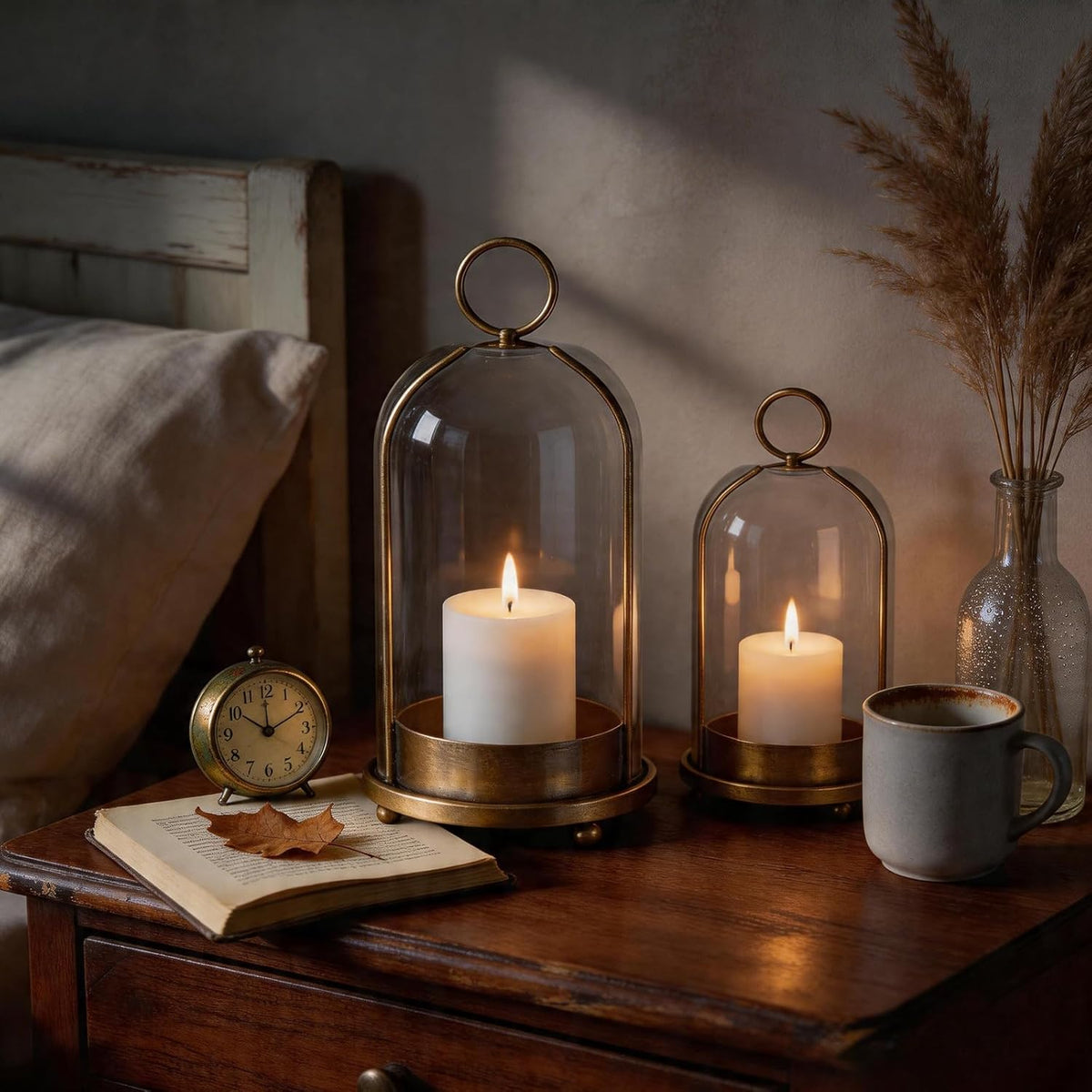 Metal Candle Holder,Hurricane Glass Candle Holders,Brass Base Dome Glass | 5""&4"" Handmade Pillar Candle Glass