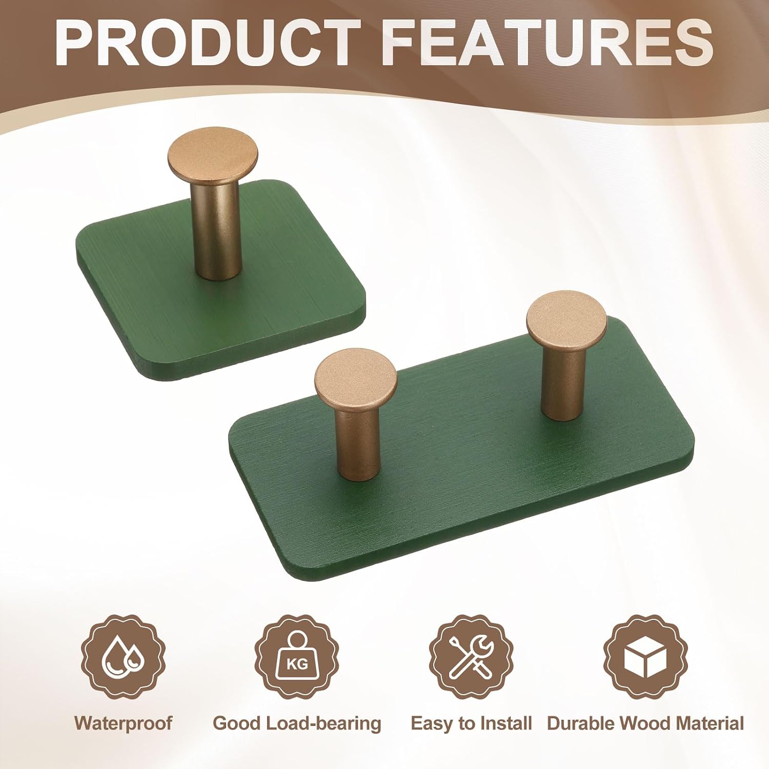 Wood Wall Self Adhesive Hooks Towel Hanger Bracket Heavy Duty Hook / Green/gold / Set of 2