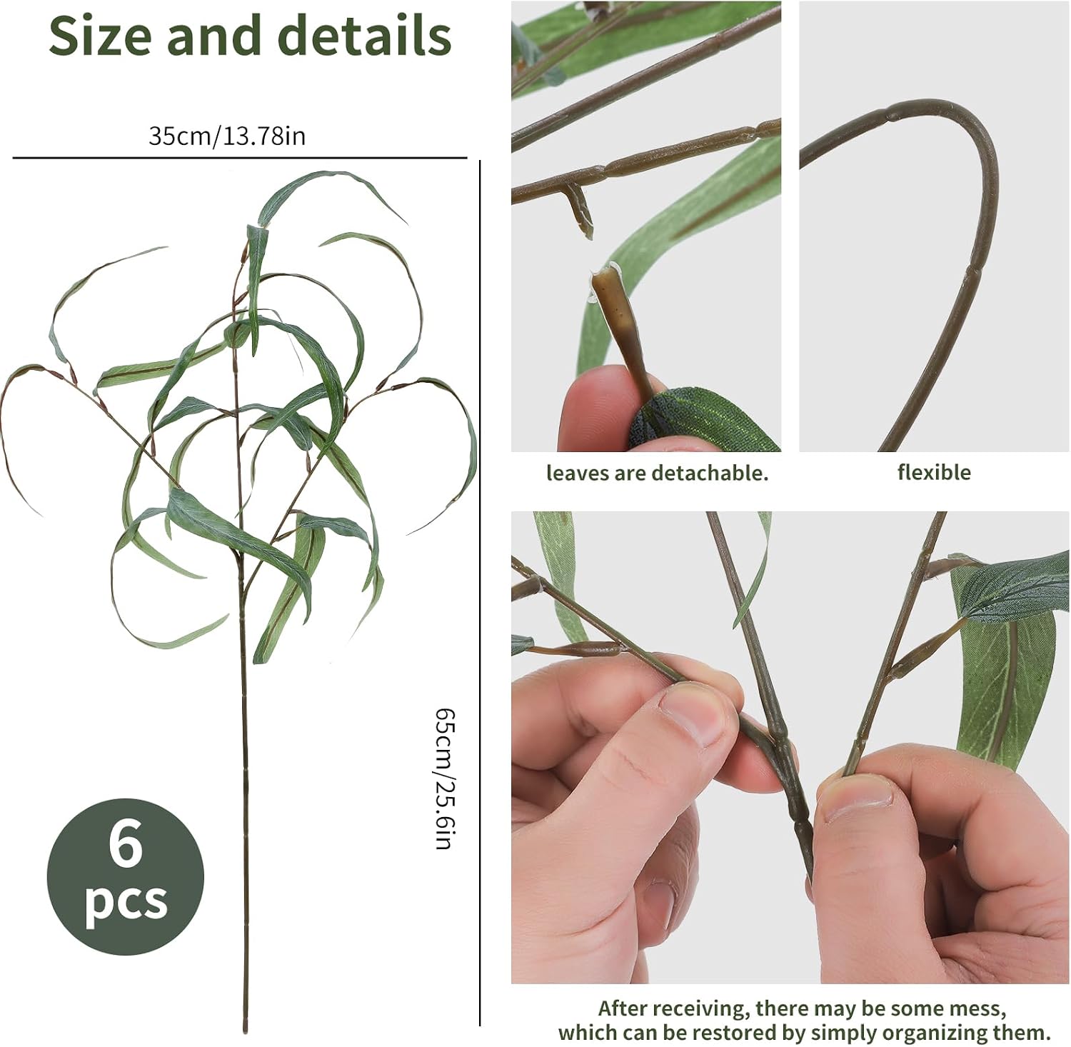 25.6" Faux Eucalyptus Leaves Branches Graceful Fake Plants Stems / Eucalyptus Stems / Set of 6