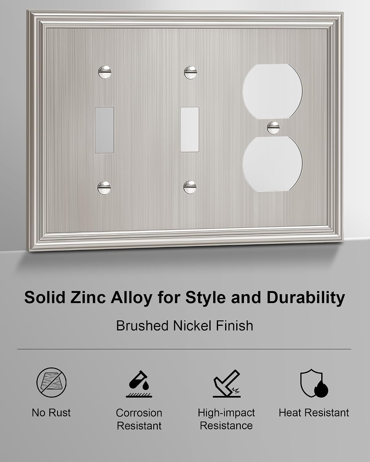 2-Pack Zinc Alloy Combo Double Toggle/Single Duplex Outlet Covers | Decorative Switch Plate Covers, Wall Plate for