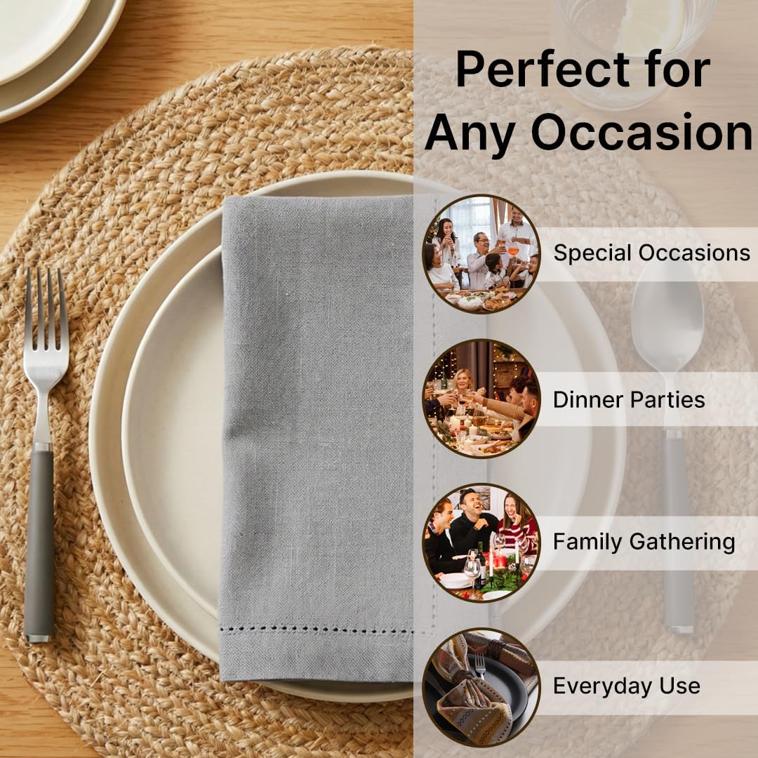 LFH Home Hemstitched Cloth Dinner Napkins 18x18 Inch Set of 12 - Reusable 100% Cotton Machine Washable Cocktail Napkins