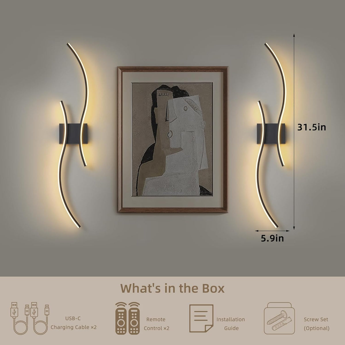 Battery Operated Wall Sconces Set of 2, Dimmable Modern LED Rechargeable Wall Light with Remote Control, Wall Decor for