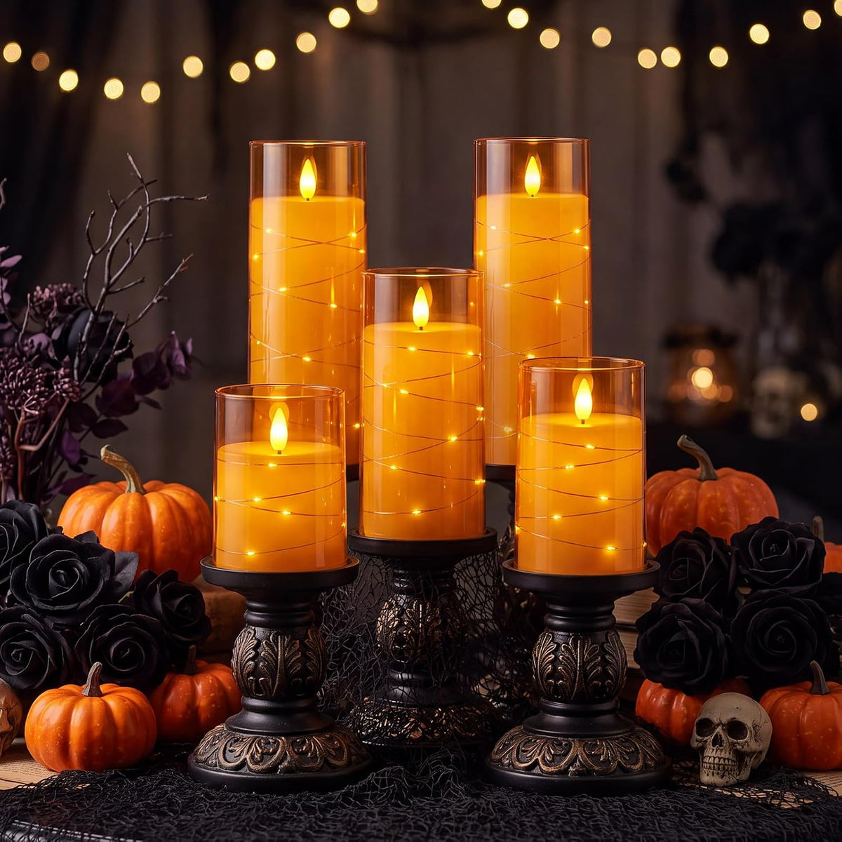 Homemory Halloween Flameless Candles, Orange LED Pillar Candles, Fall Decor | Acrylic Flickering Battery Operated