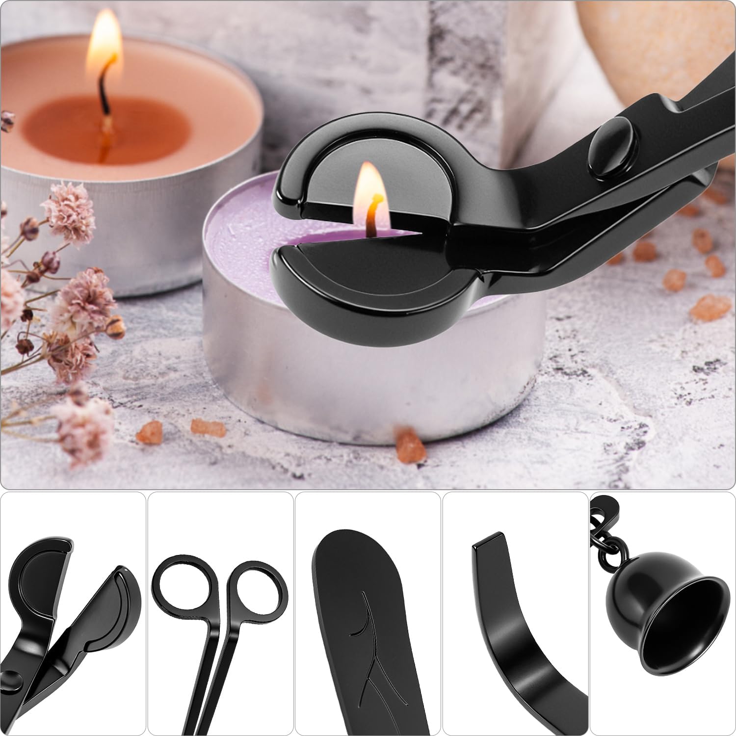 QWORK® 3 in 1 Candle Snuffer Set, Stainless Steel Wick Scissors for Candles, Candle Care Set with Extinguisher Tongs