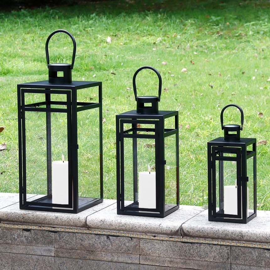 TRIROCKS Stainless Steel Lantern Set of 3 - Assorted Sizes (12/15/19 Inch) - Tall Metal Hanging Lanterns with Clear