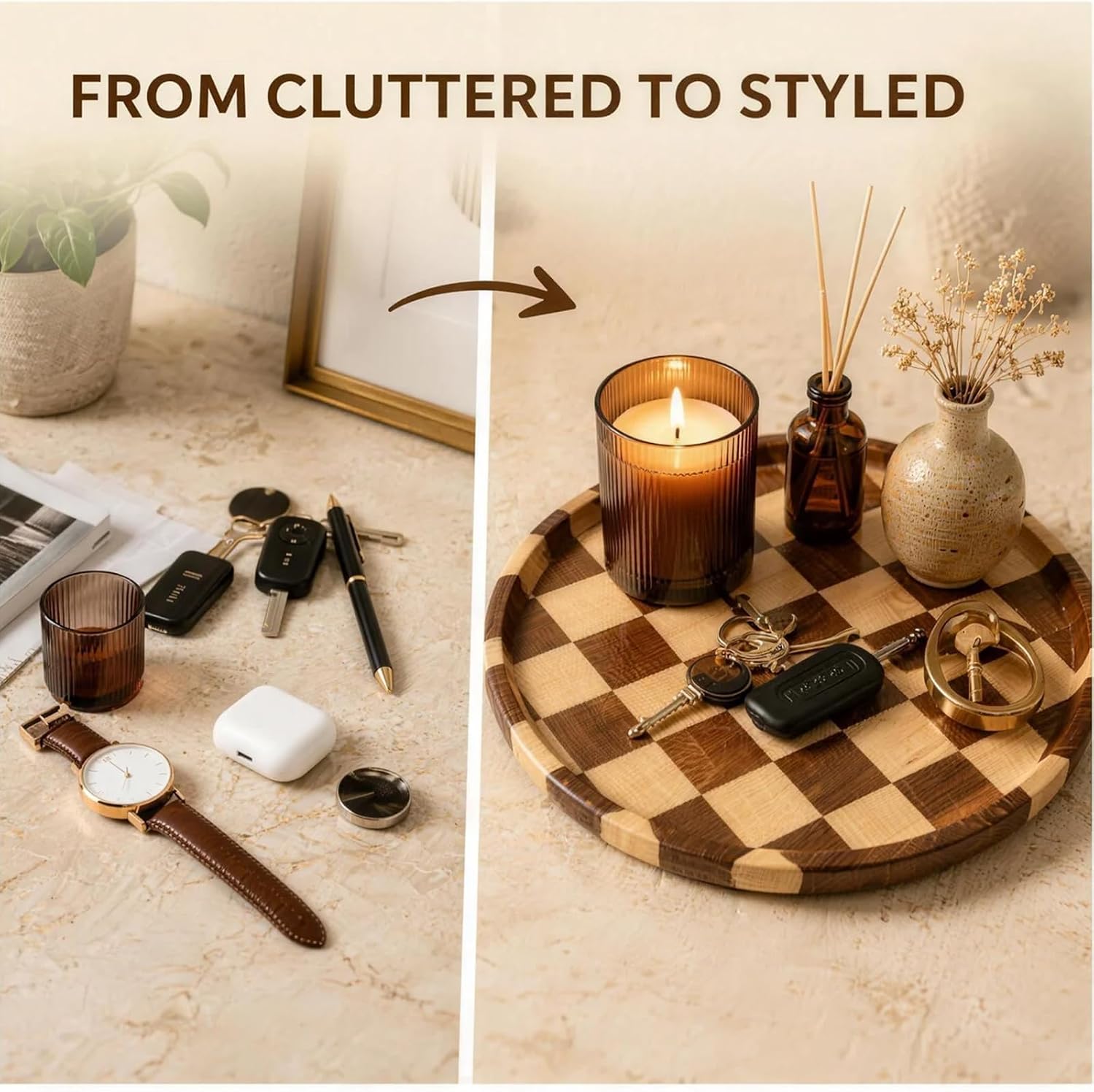 Checkered Tray Round Wooden Trays for Decor / 11 Inch