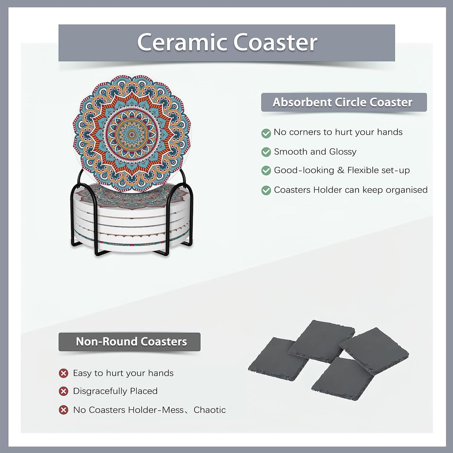 Holder / Absorbent Ceramic Coasters / Mandala Boho Flower / Set of 6