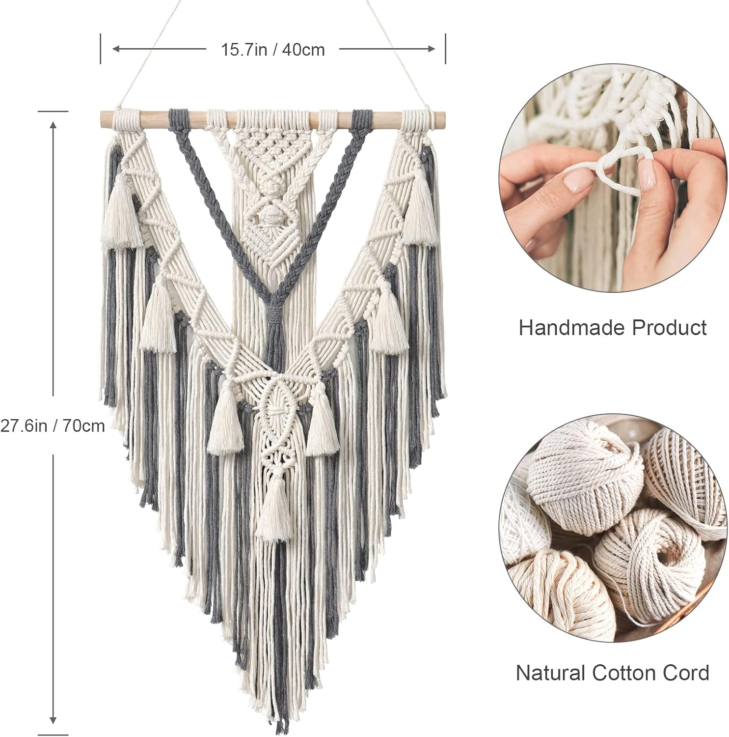 Macrame Woven Wall Hanging Boho Geometric Woven Tapestry Beige & Cotton Handmade Bohemian Art / Grey