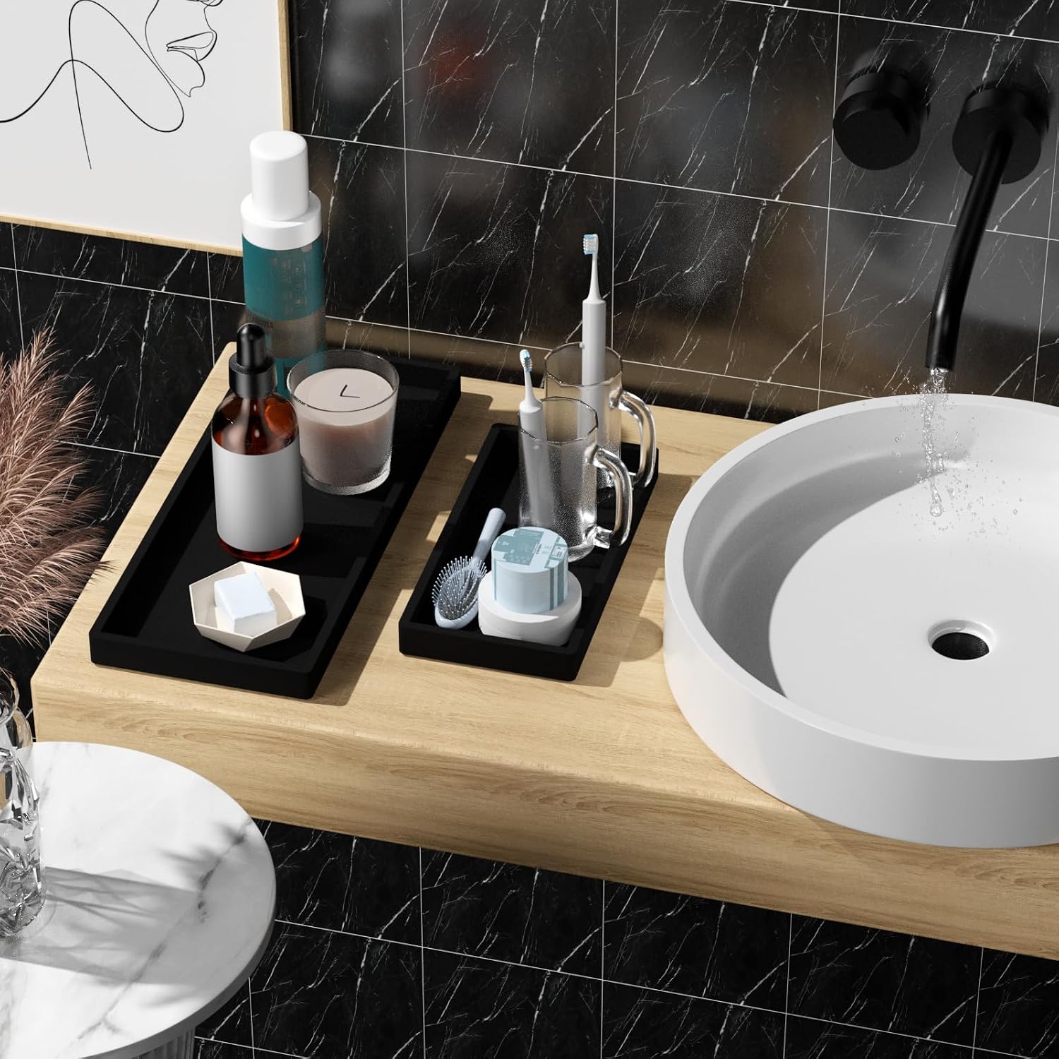Bathroom Vanity Tray- Silicone Bathroom Tray for Counter / Black / Set of 2