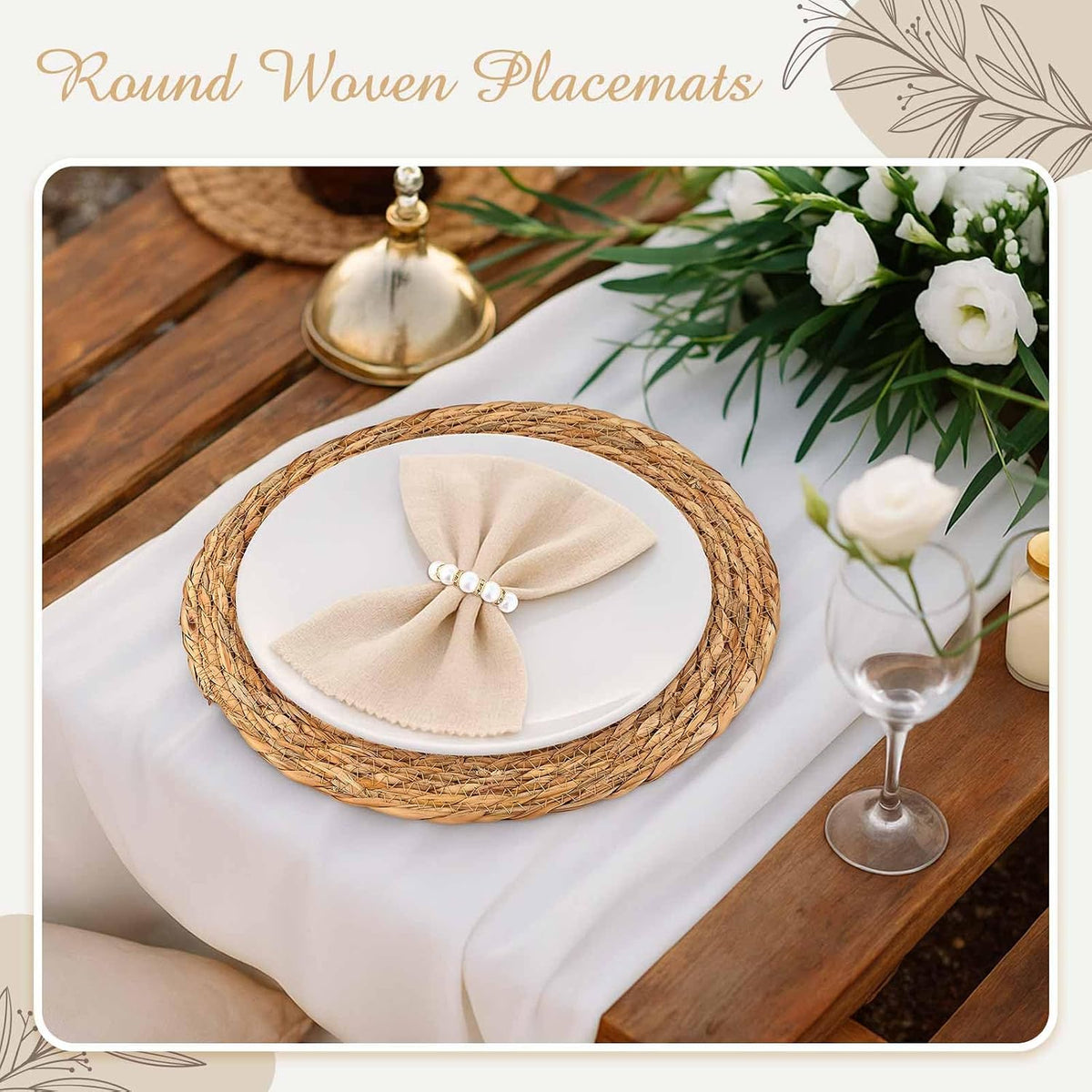 30 Pcs Cattail Round Woven Placemats Set, Cattail Placemats with Pearl Napkin Rings Boho Farmhouse Rustic Woven