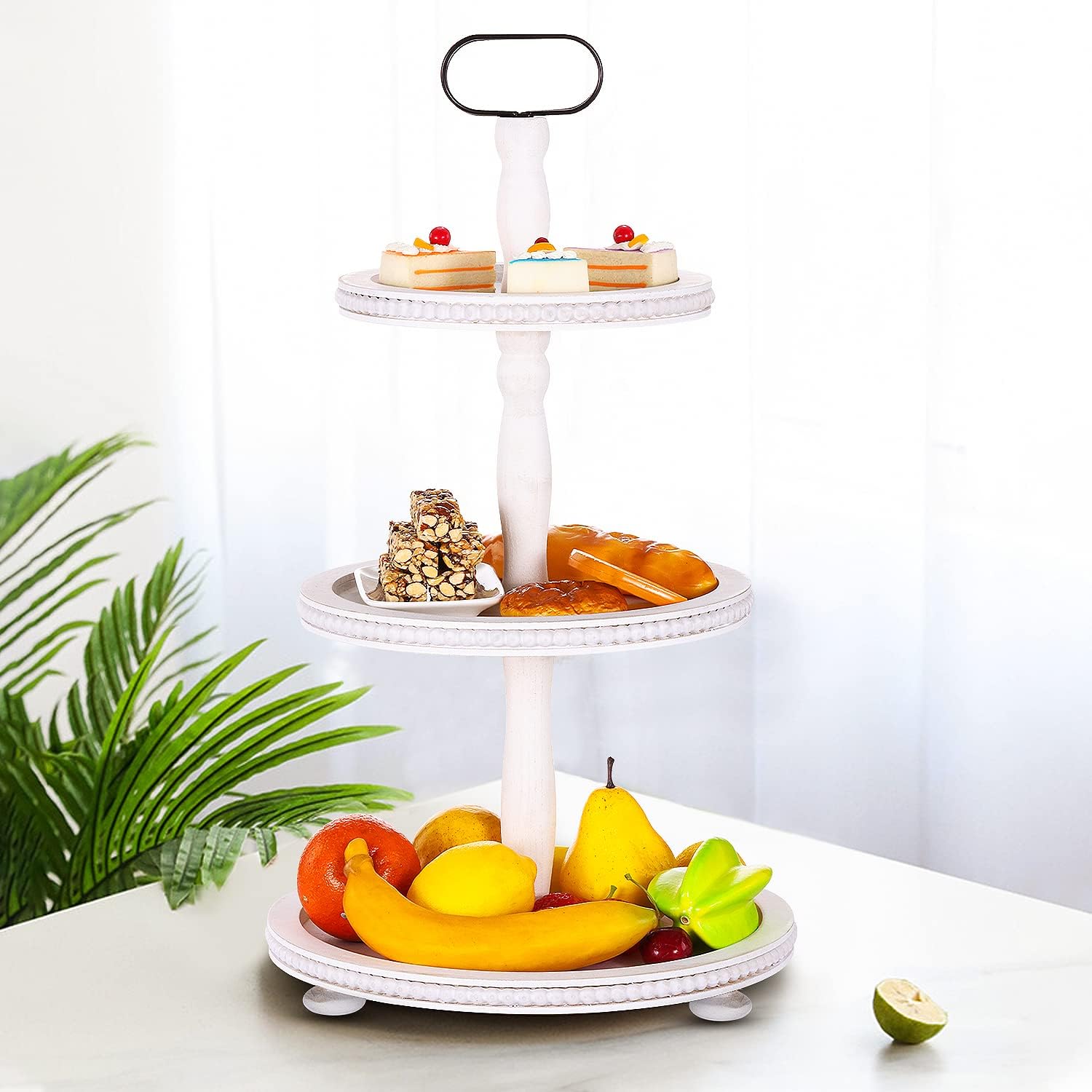 Urban Deco Wooden Tiered Tray 3-Tier Decorative Tray Stand Farmhouse Serving Tray, Round Wooden Cupcake Display Stand