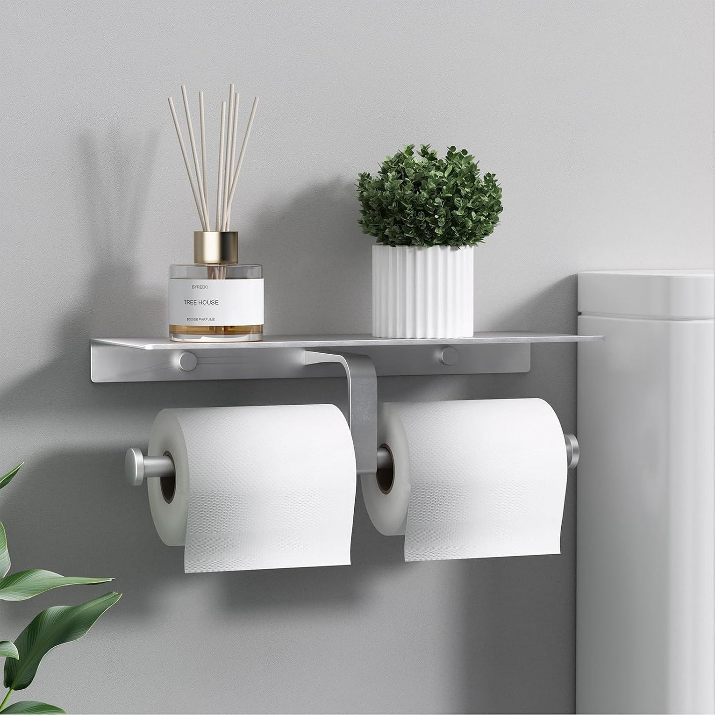 Bathroom Toilet Paper Holder with Shelf, Wall Mount, Double Roll, Silver