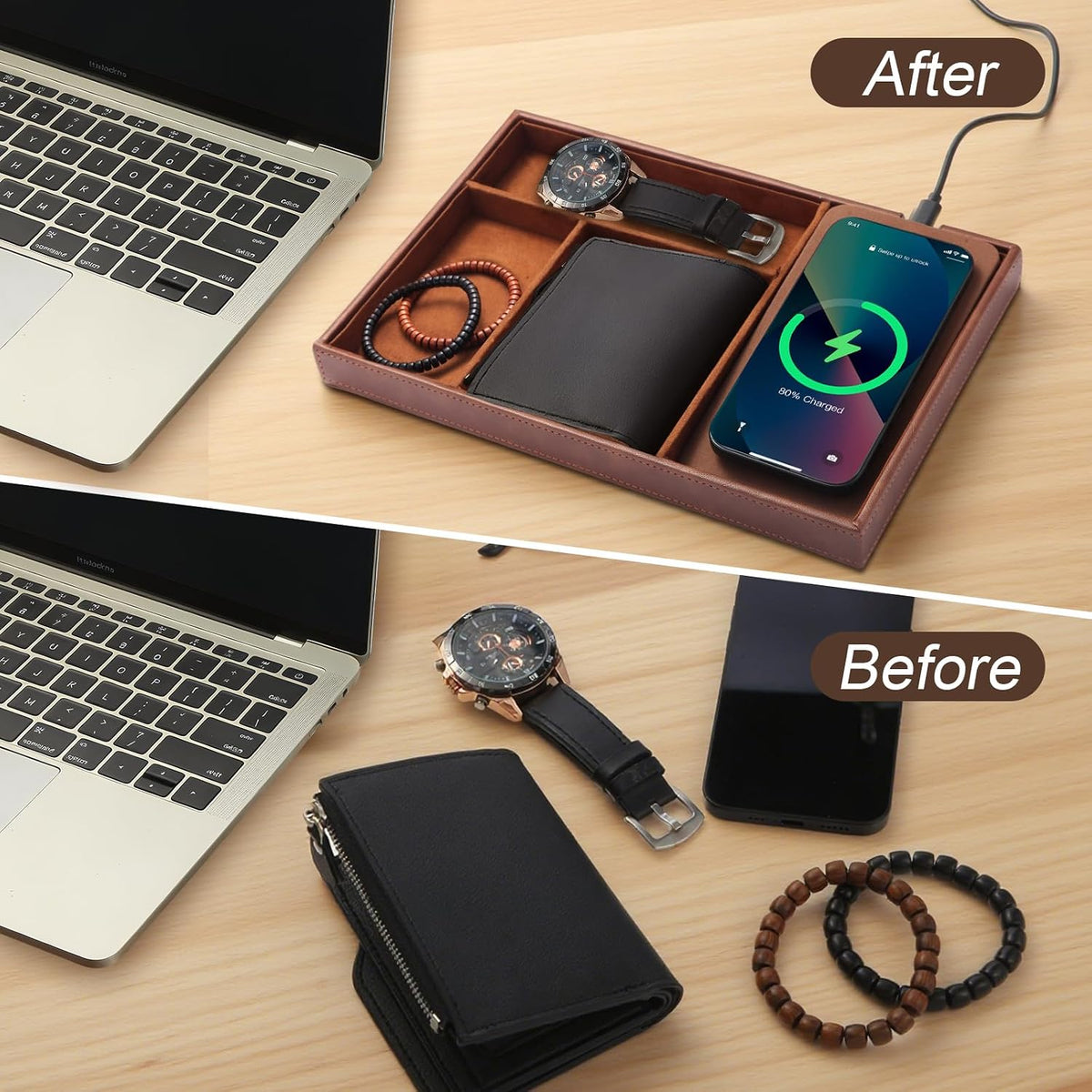 TopMade Valet Tray with Wireless Charging Pad Nightstand Organizer, Leather Desktop Storage Dresser Organizer Charging