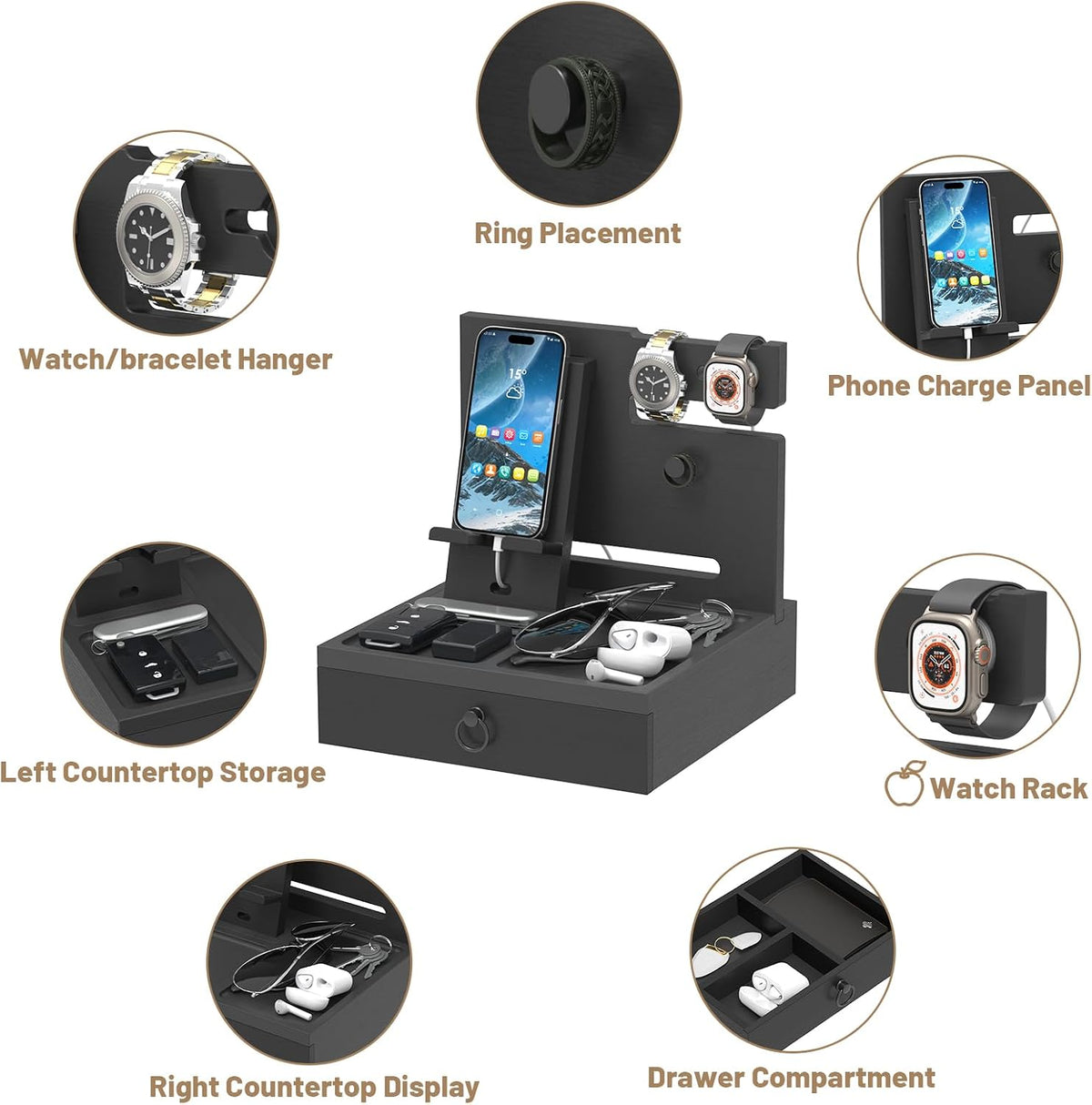 Wood Phone Docking Station, Nightstand Organizer with Drawer | Bedside Table Organizer for Watch & Accessories
