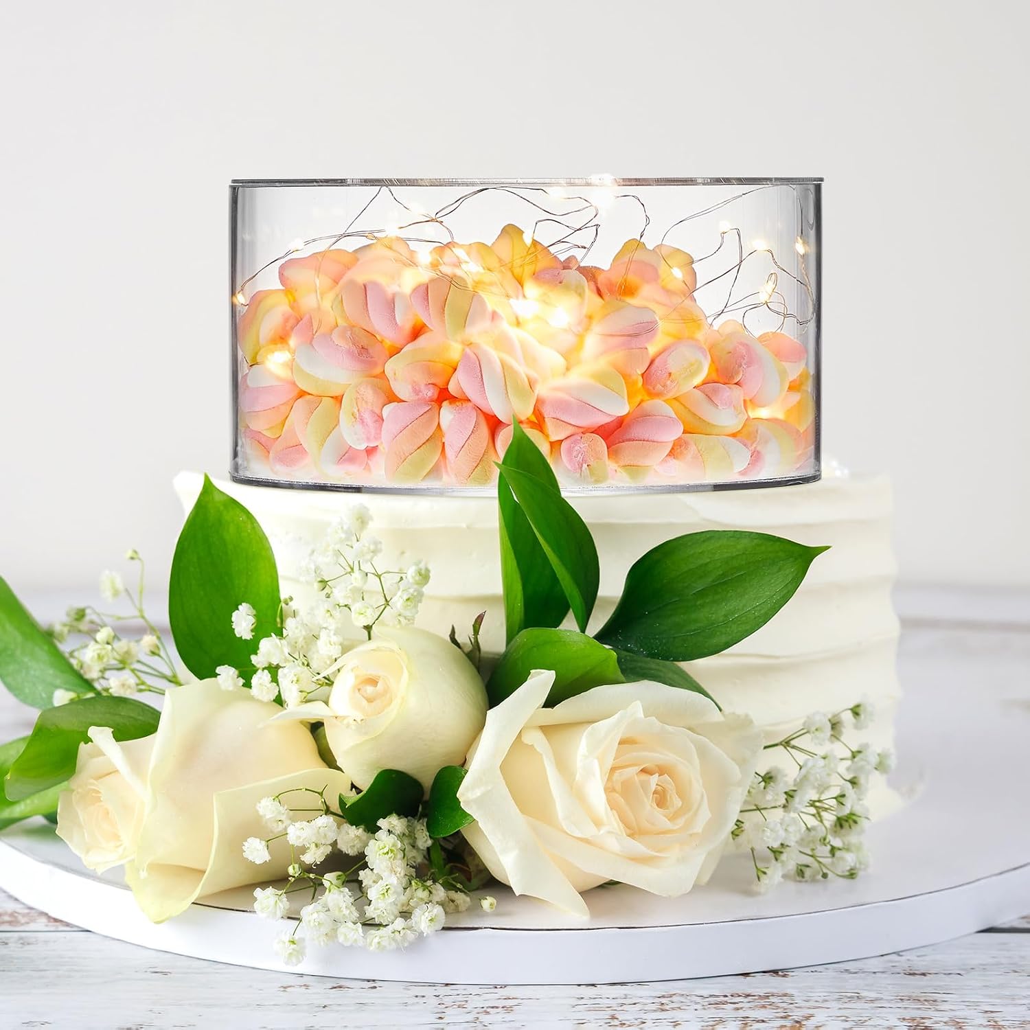 Sunnyray 2 Pcs Acrylic Cake Stands for Dessert Table Clear Fillable Cake Riser Cupcake Tier with LED Strings for