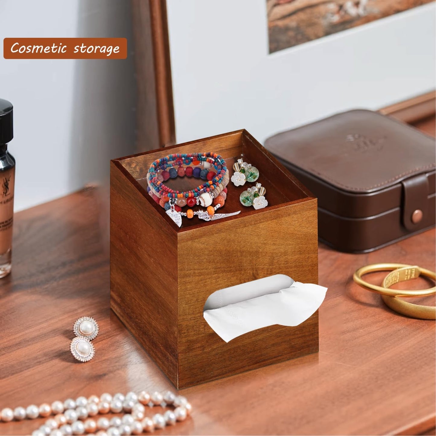 Acacia Wood Tissue Box Holder for Desktop Nightstand Bathroom / Brown