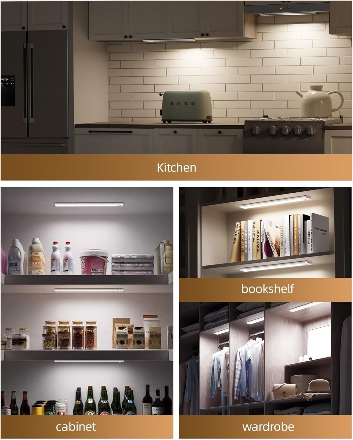 6Pack 16inch Under Cabinet Lighting, Rechargeable Motion Sensor Light Wireless Indoor, Dimmable 3 Color Temps Closet