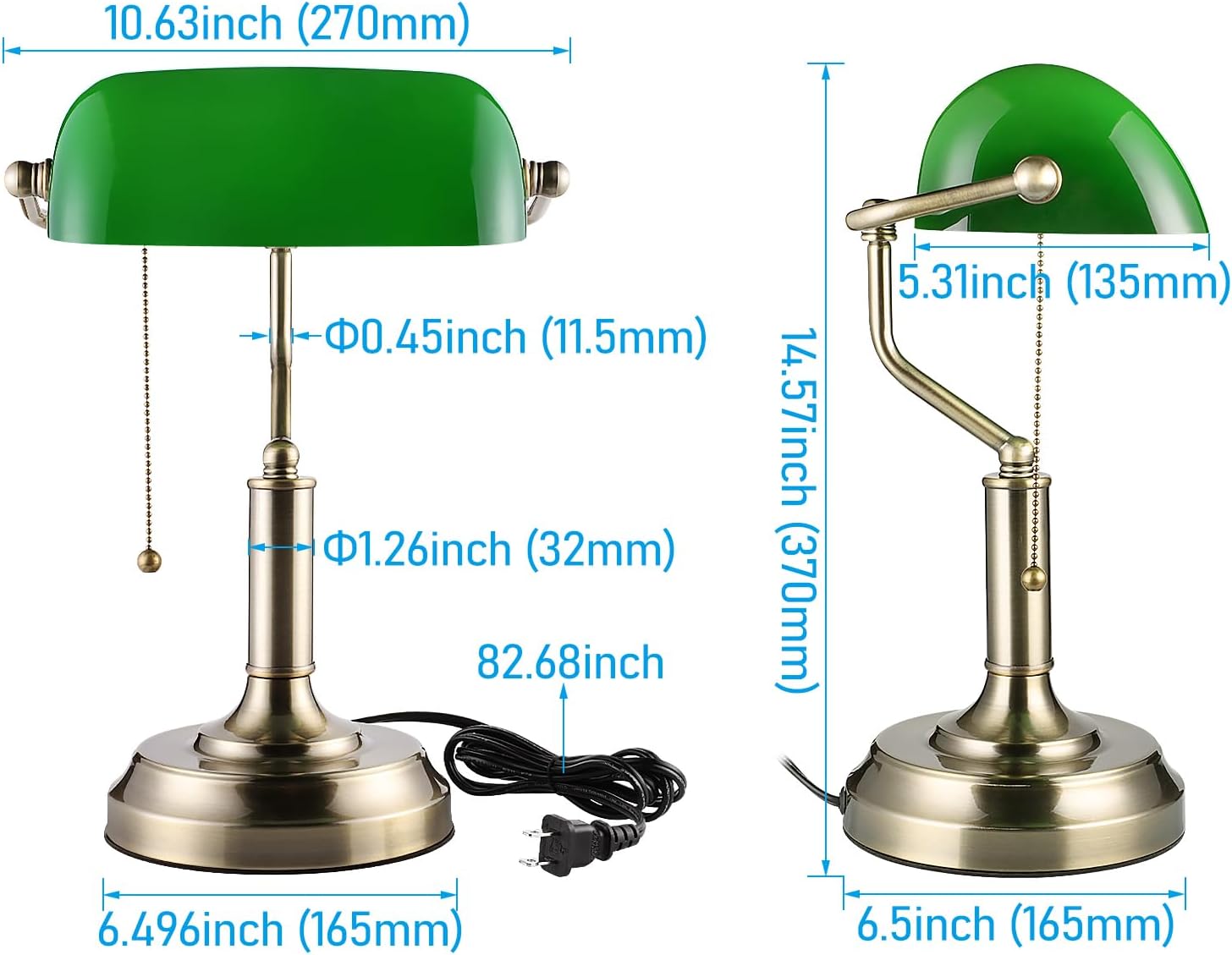 TORCHSTAR Green Glass Bankers Desk Lamp with Pull Chain, E26 Base | Brass Finish Base, Antique Traditional Library Lamp