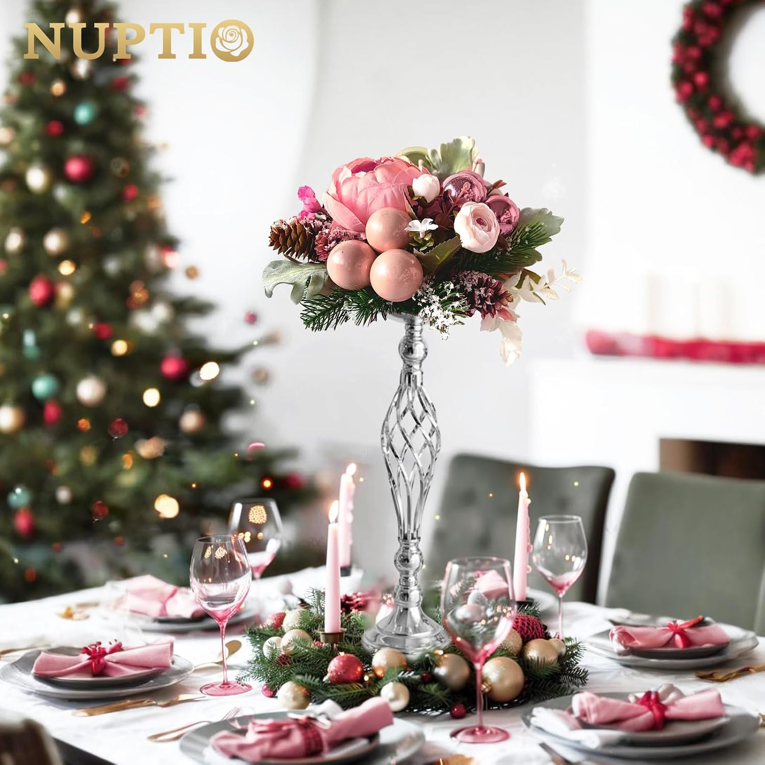 NUPTIO Silver Centerpiece Stand for Table, Twist Style , 20.5" Tall, 2 Pcs