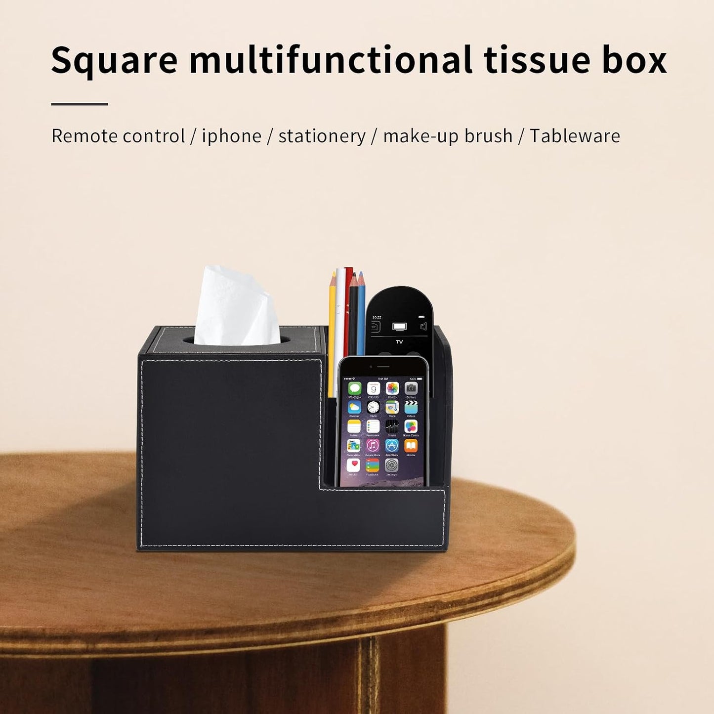 PU Leather Tissue Box Cover with Storage Square-Multifunctional Tissue Holder,Remote Control Holder,Decorative Tissues