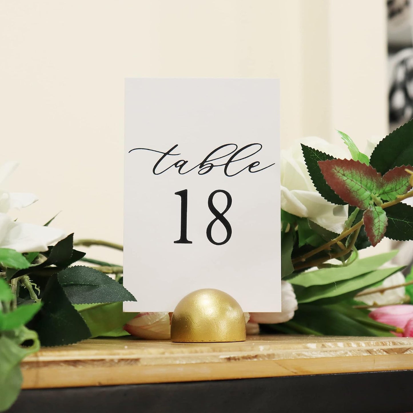 Hanna Roberts Modern Cursive Table Number Card Stock Signs with Round Stand for Wedding Reception, Restaurant, Event