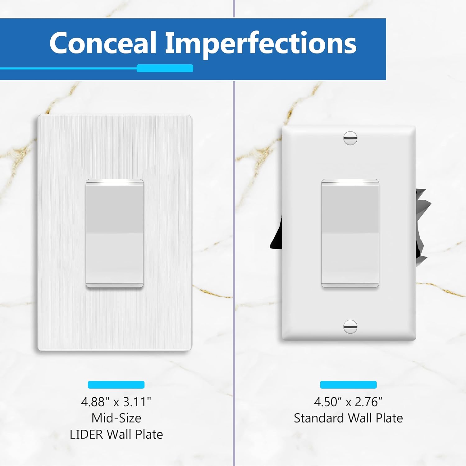 LIDER Decorator Switch Cover, Screwless Wall Plate, Mid-Size 1-Gang | 10-Pack, Brushed White, Polycarbonate