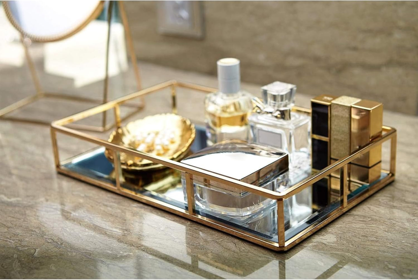 Dresser Ornate Tray Metal Decorative Tray Jewelry Perfume Organizer Makeup Tray for Vanity / Gold