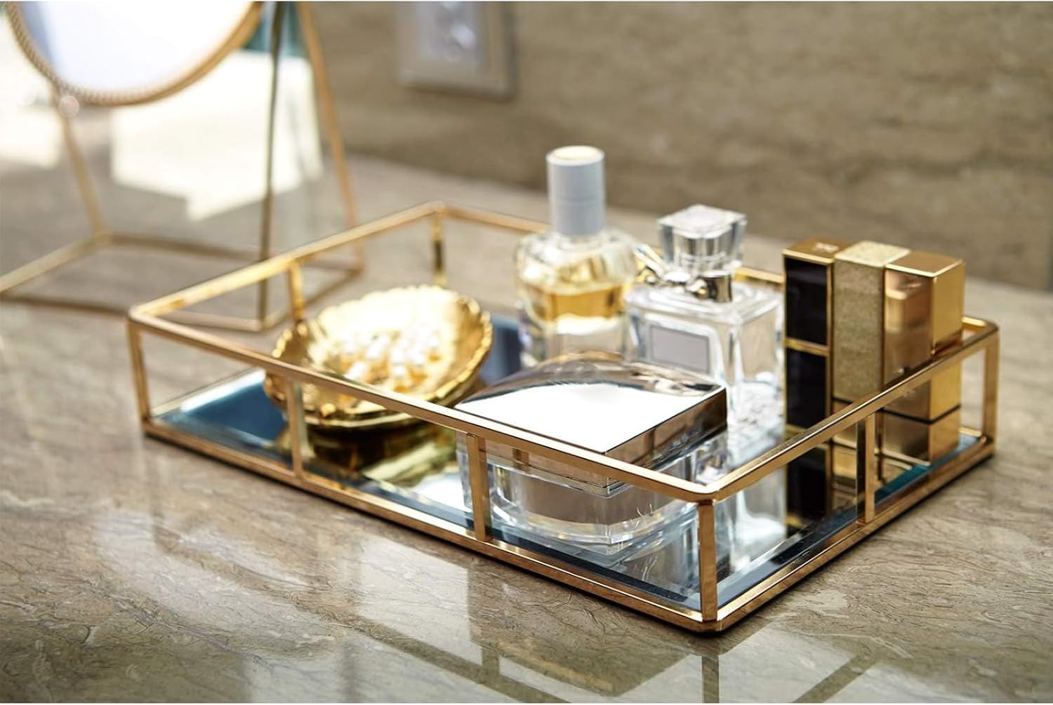 Dresser Ornate Tray Metal Decorative Tray Jewelry Perfume Organizer Makeup Tray for Vanity / Gold