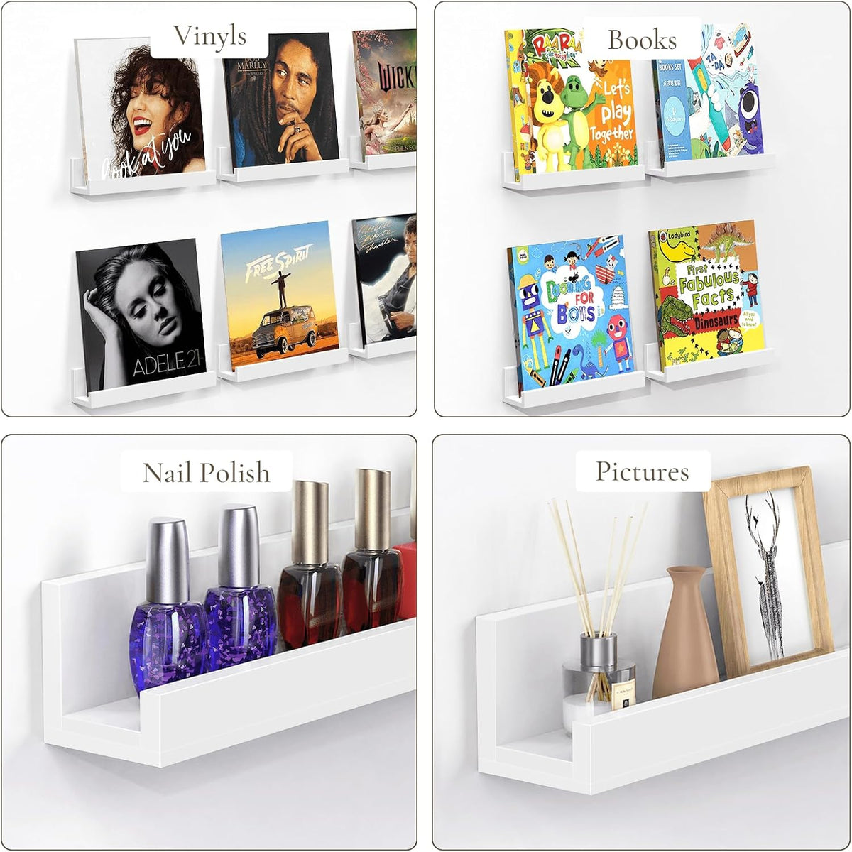 Vinyl Shelf Wall Display, 6 Pack Album Record Holder Wall Mount | 12" Rustic Wood Floating Shelves for Magazine Rack