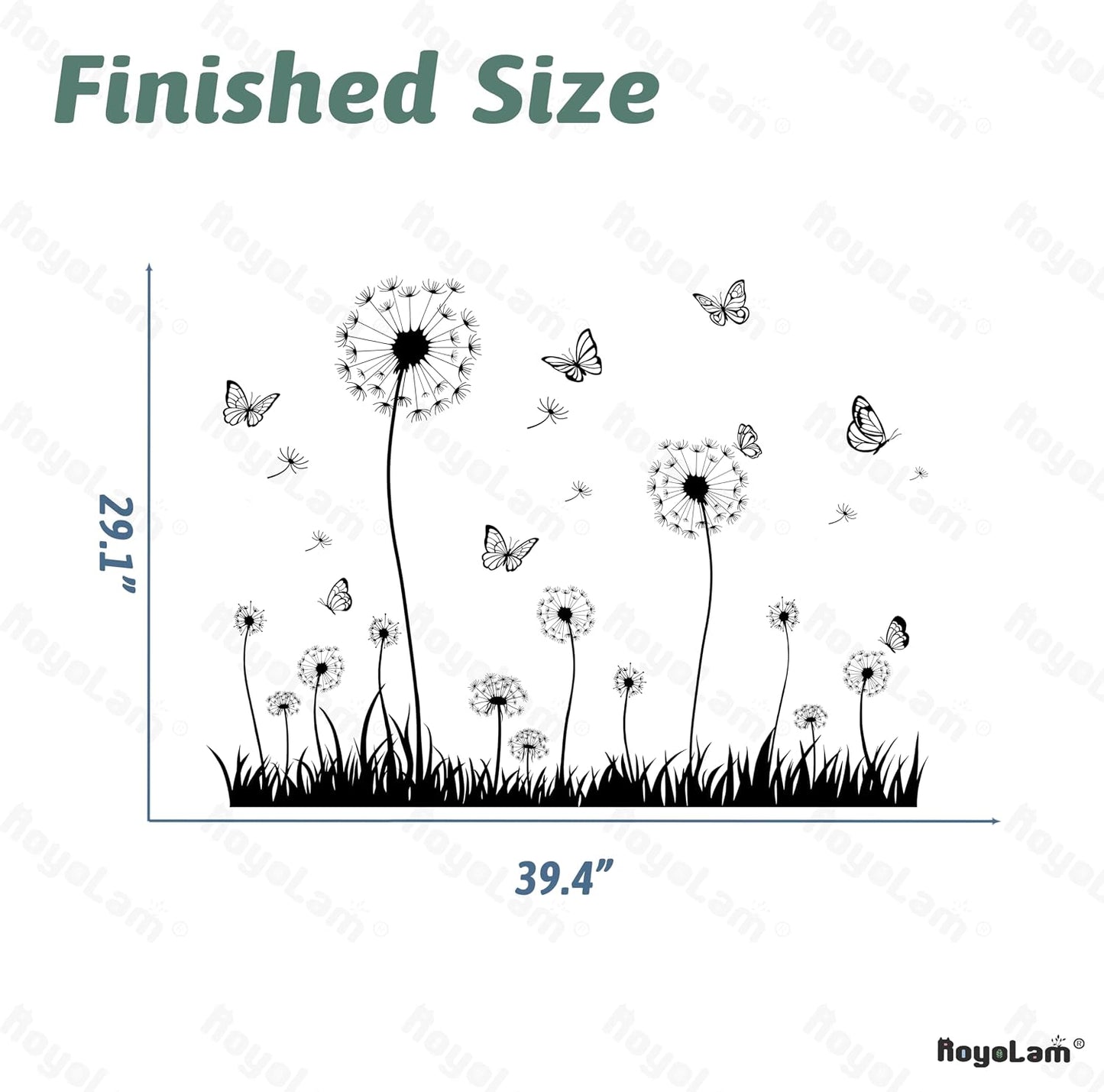 Dandelion and Butterfly Wall Decals Removable and White Nature Vinyl Stickers for Nursery / Black