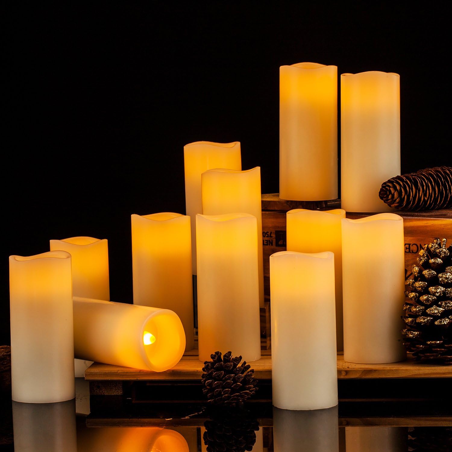 Flameless Candles Flickering LED Candles Set of 12 (D:2.2" X H:5") Ivory Real Wax Pillar Battery Opeated Candles with