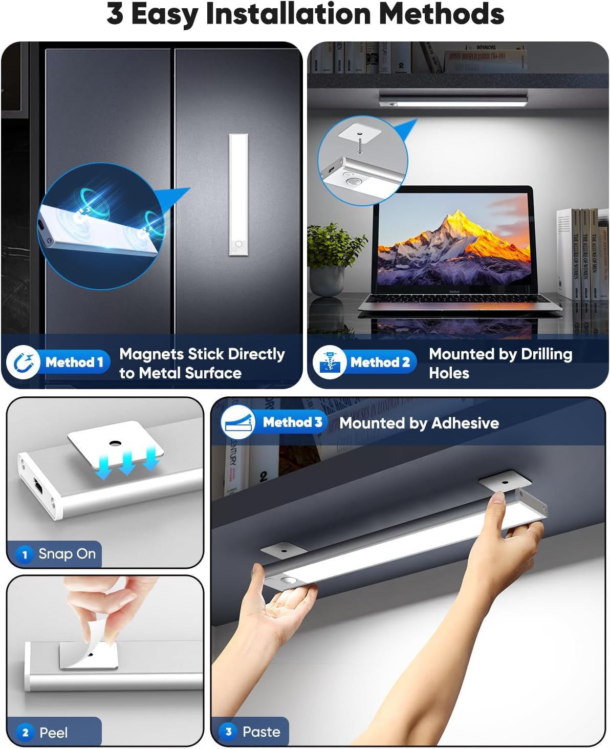 Under Cabinet Lighting, 2200mAh 10 Inch Battery Operated Rechargeable Motion Sensor Night Lights Indoor, LED Magnetic