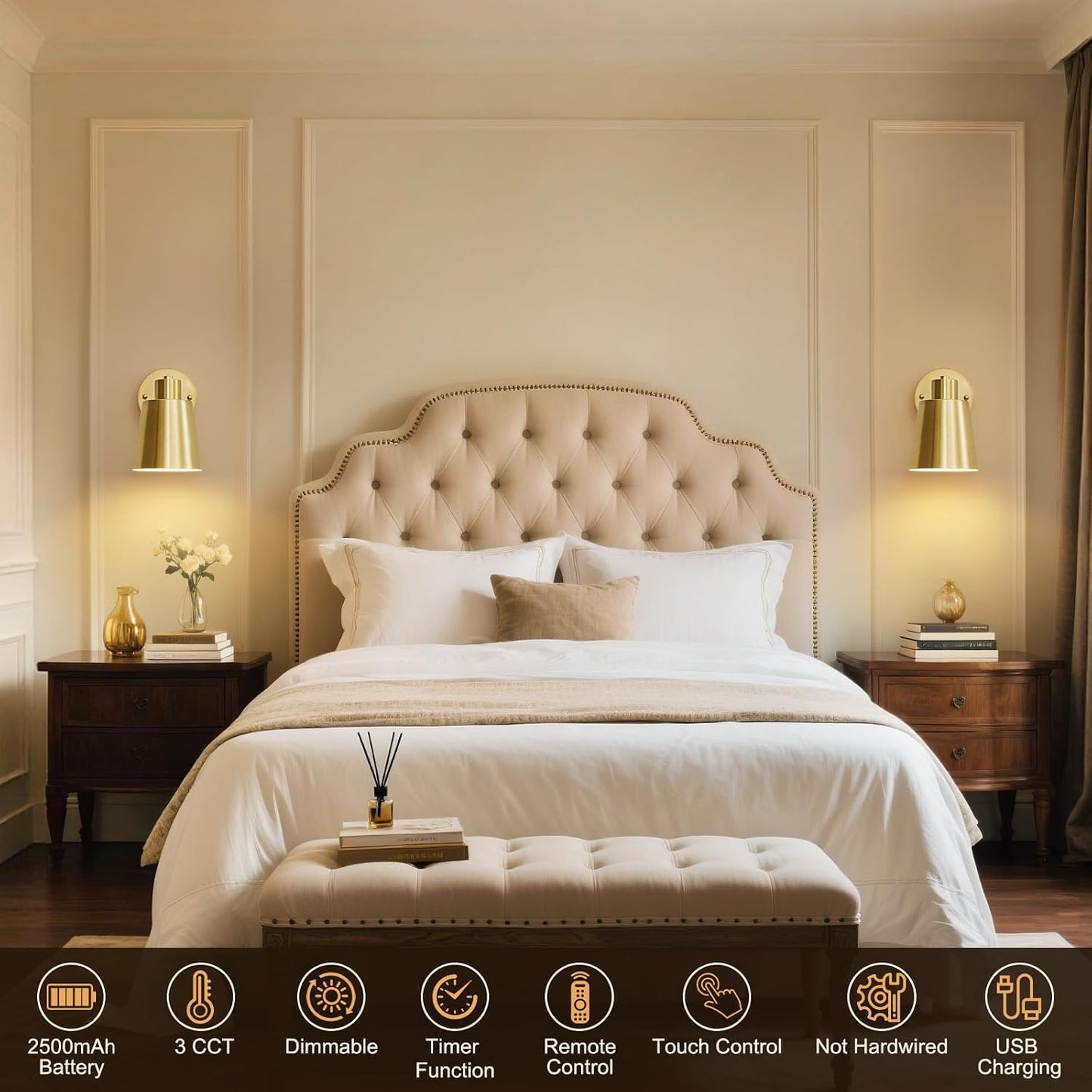 Gold Battery Operated Wall Sconces Set of Two with Remote, Rechargeable Battery Powered Wall Lights, 3 Color