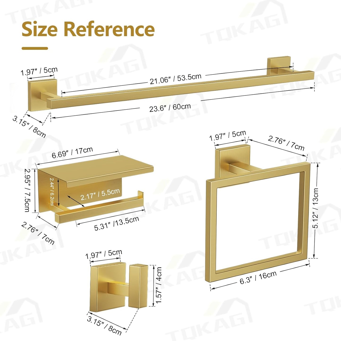 TQKAG 5-Pieces Brushed Gold Bathroom Hardware Accessories Set 23.6" SUS304 Stainless Steel Towel Bar Set Wall Mounted