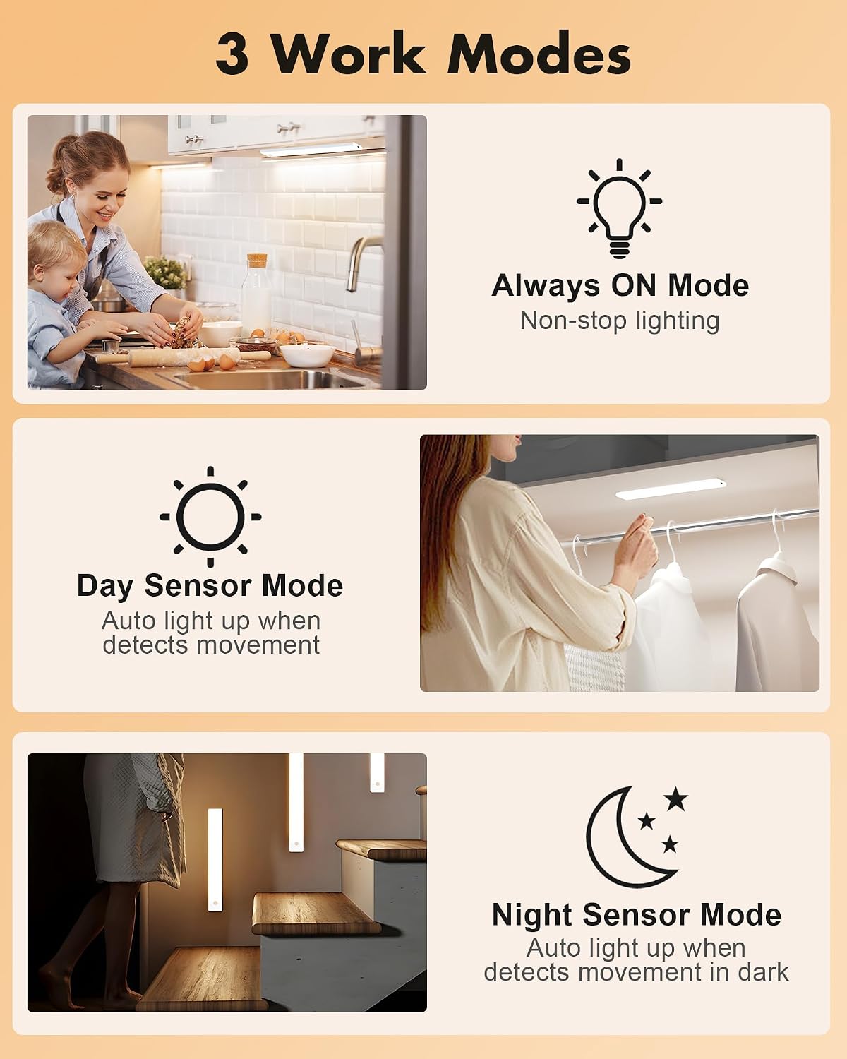 maylit 6 Pack Rechargeable Motion Sensor Under Cabinet Lights | Wireless Magnetic Light Bars in 3 Color Temperatures
