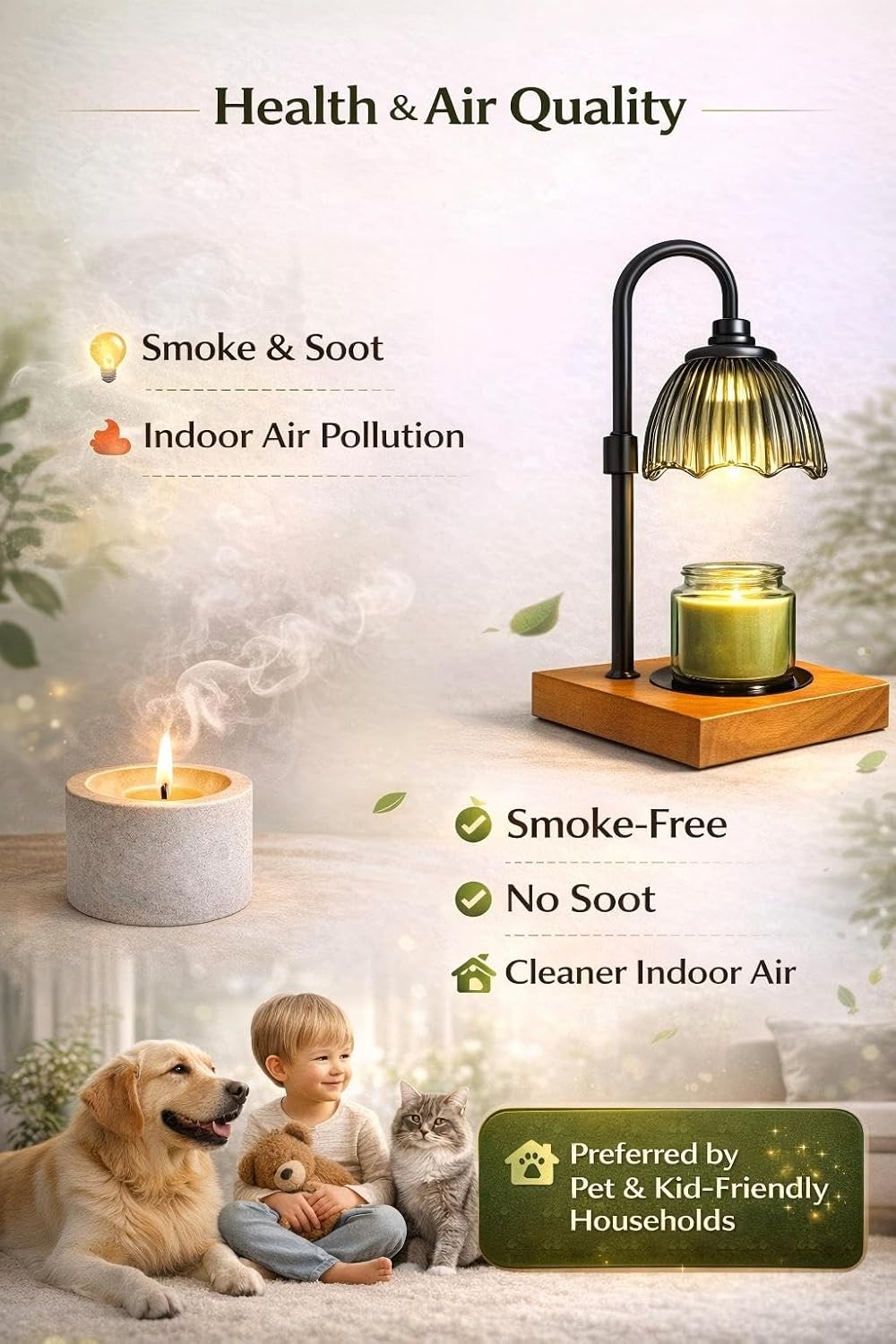 Candle Warmer Lamp for Jar Candles with Timer, Dimmer & 2 Bulbs | Petal Glass Shade, Rubber Wood Base, Adjustable