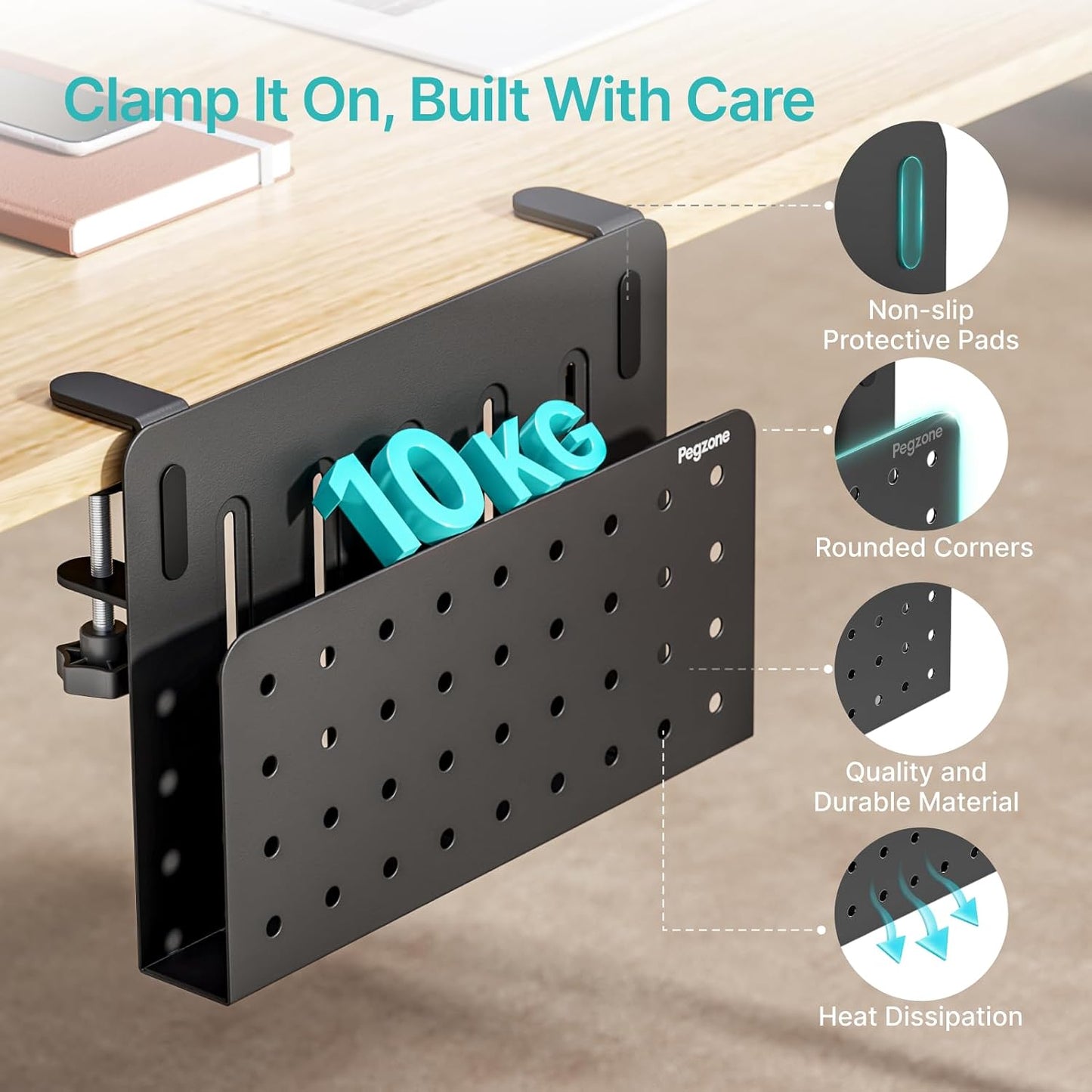 Desk Side Storage Organizer, Fits Flat Edge 0.4" to 2.2", Black | No Drill Under Desk Laptop Holder, Clamp on Desks