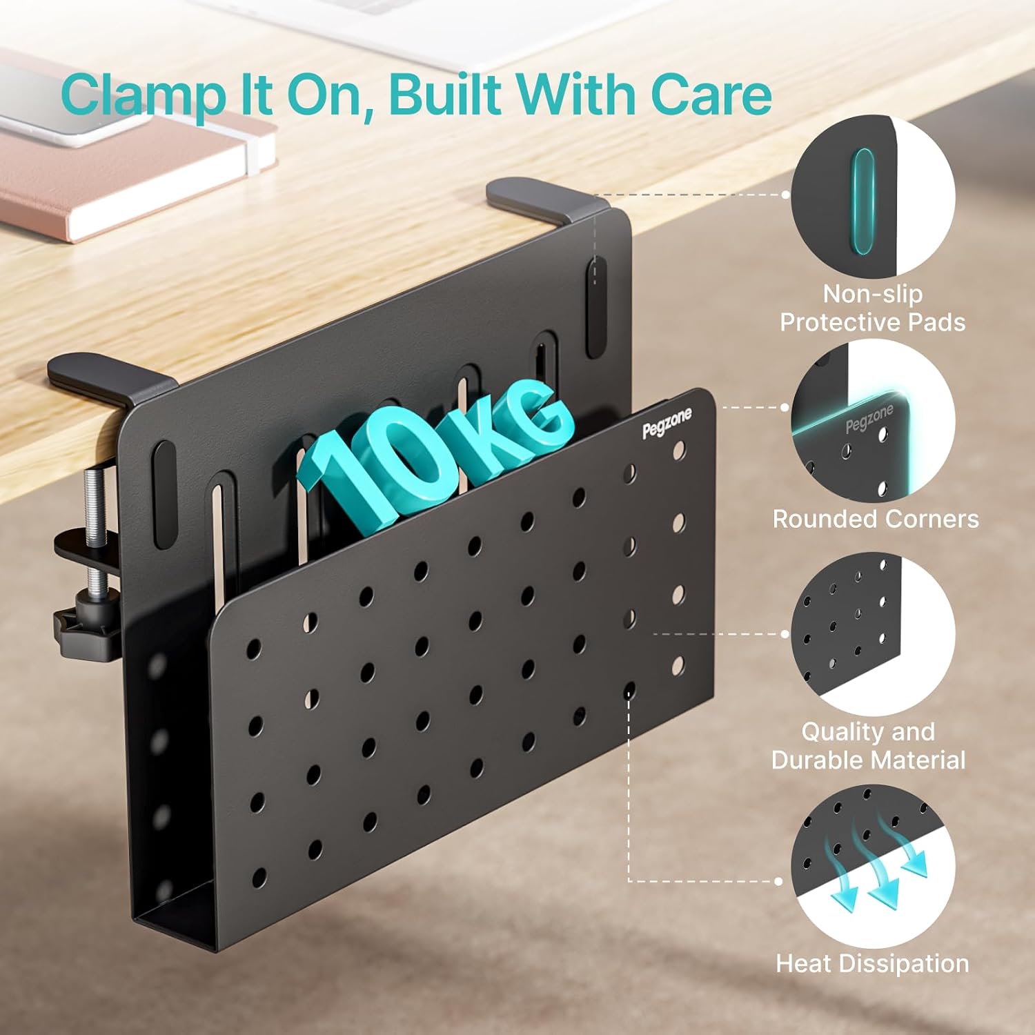 Desk Side Storage Organizer, Fits Flat Edge 0.4" to 2.2", Black | No Drill Under Desk Laptop Holder, Clamp on Desks