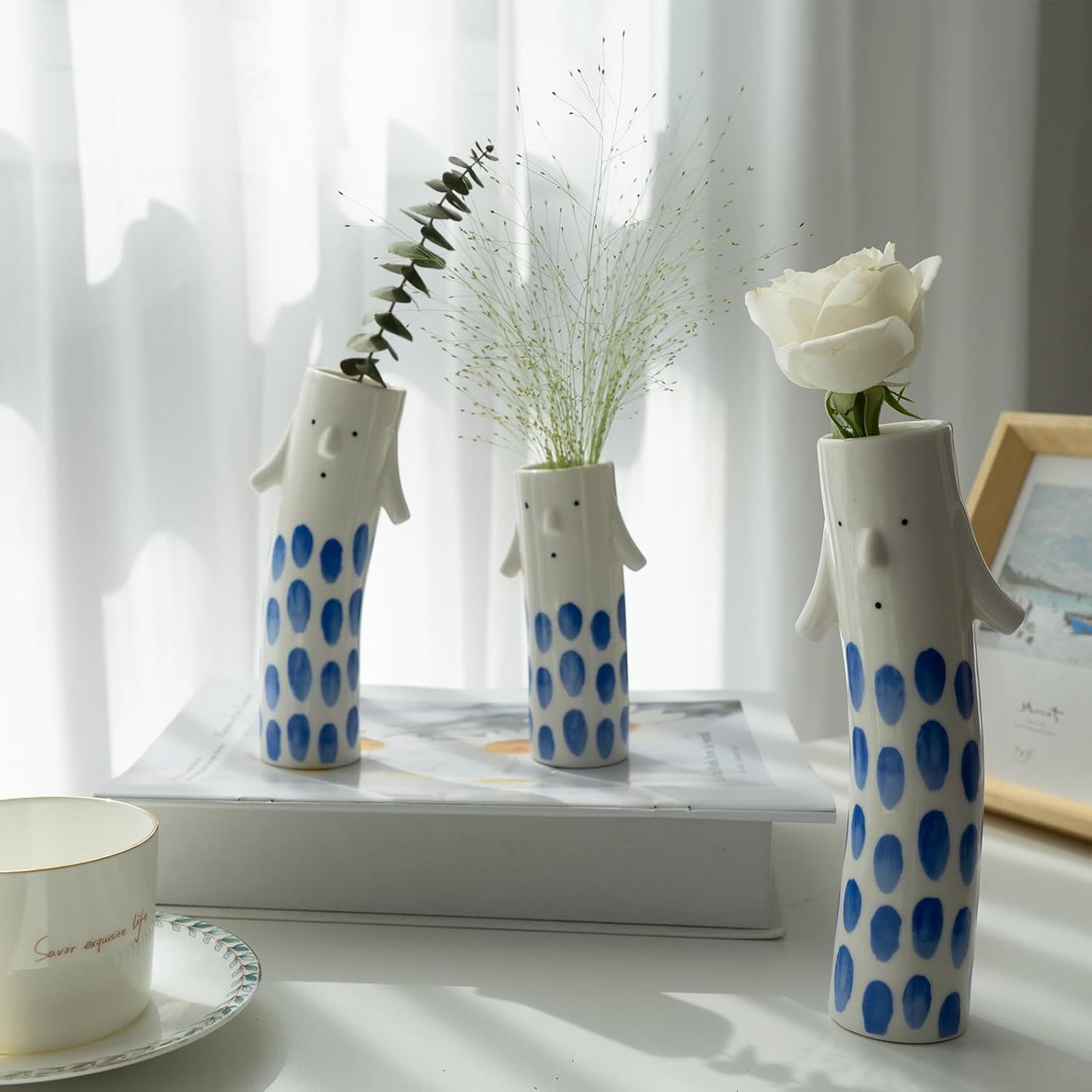 Unique Ceramic Bud Vases for Small Flower / Family Vase Blue / Set of 3