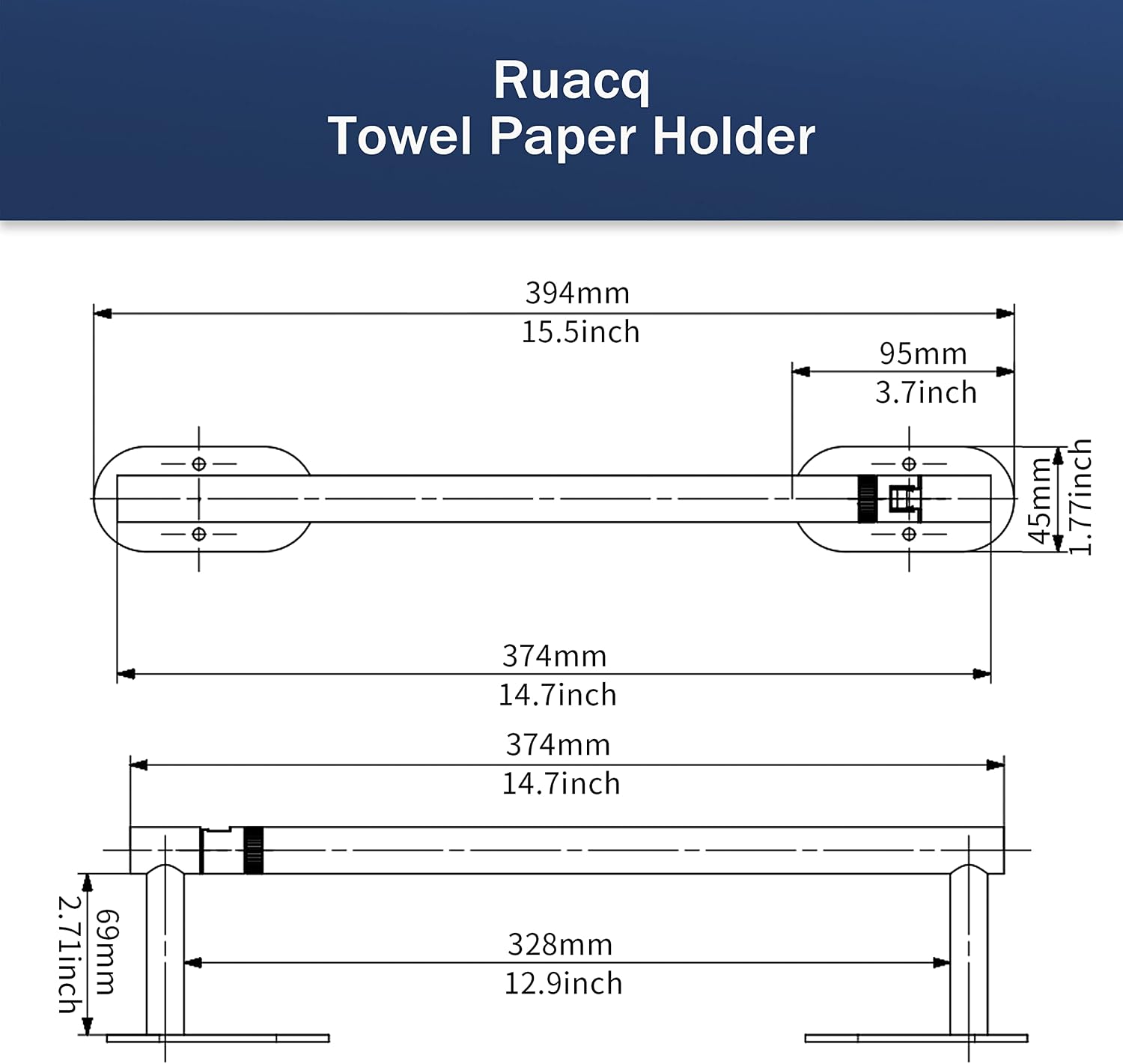 RUACQ Paper Towel Holder Under Cabinet, Stainless Steel, Silver | Drill Wall Mount or Adhesive, Round Base, Dual-Column