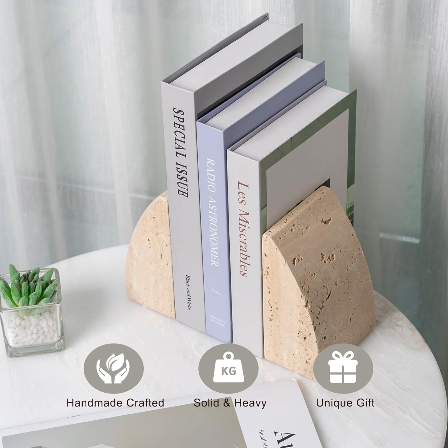 Travertine Bookends / Non-Slip Heavy Duty Book Stopper / Sail-travertine