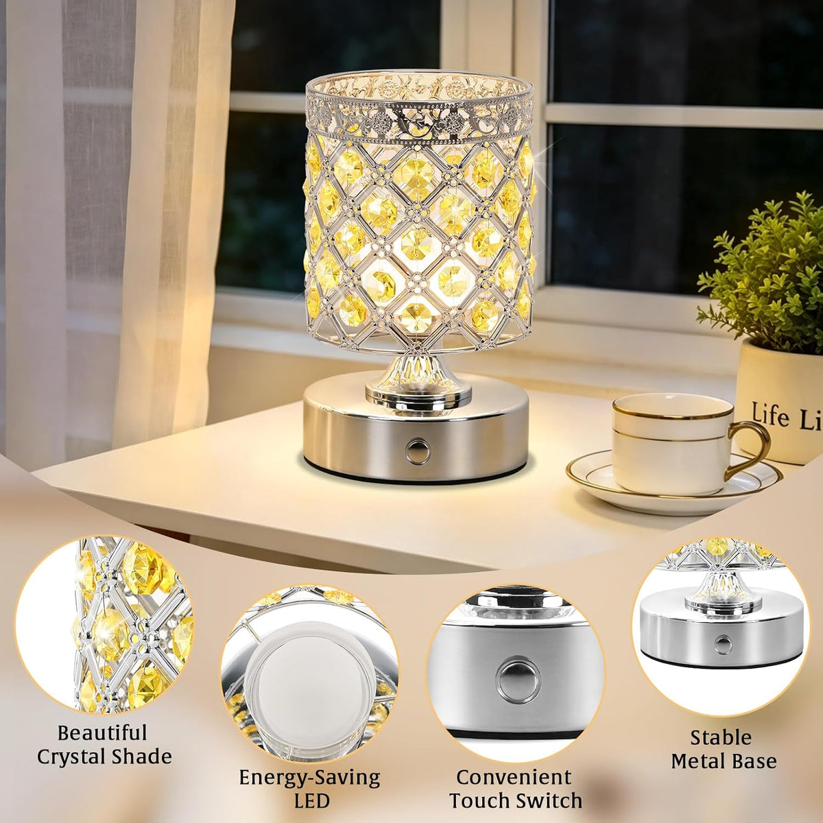Yellow Small Crystal Rechargeable Cordless Table Lamps Set of 2 | 6000mAh Battery, 3 Color Temps, Stepless Dimming